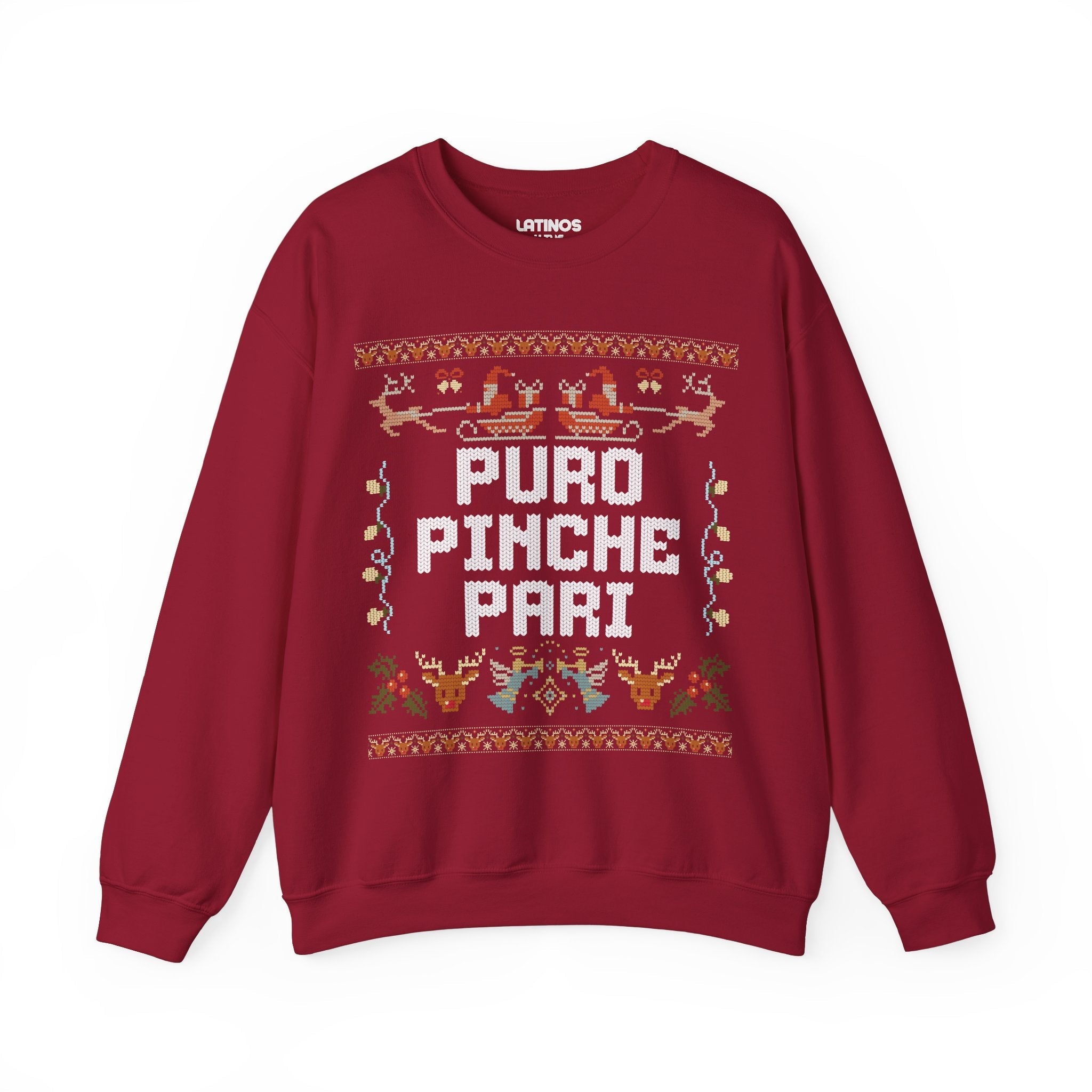 Sudadera navideña fea de Puro Pinche Pari Chingo Latino | Divertida y brillante | 3 colores