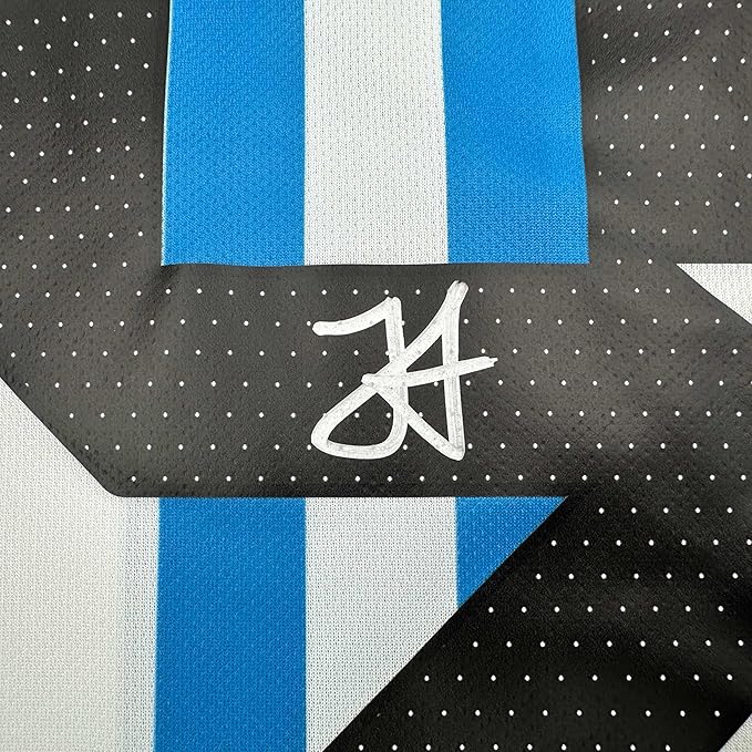 Framed Autographed/Signed Julian Alvarez 35x39 Argentina Blue/White Soccer World Cup Jersey Beckett BAS COA