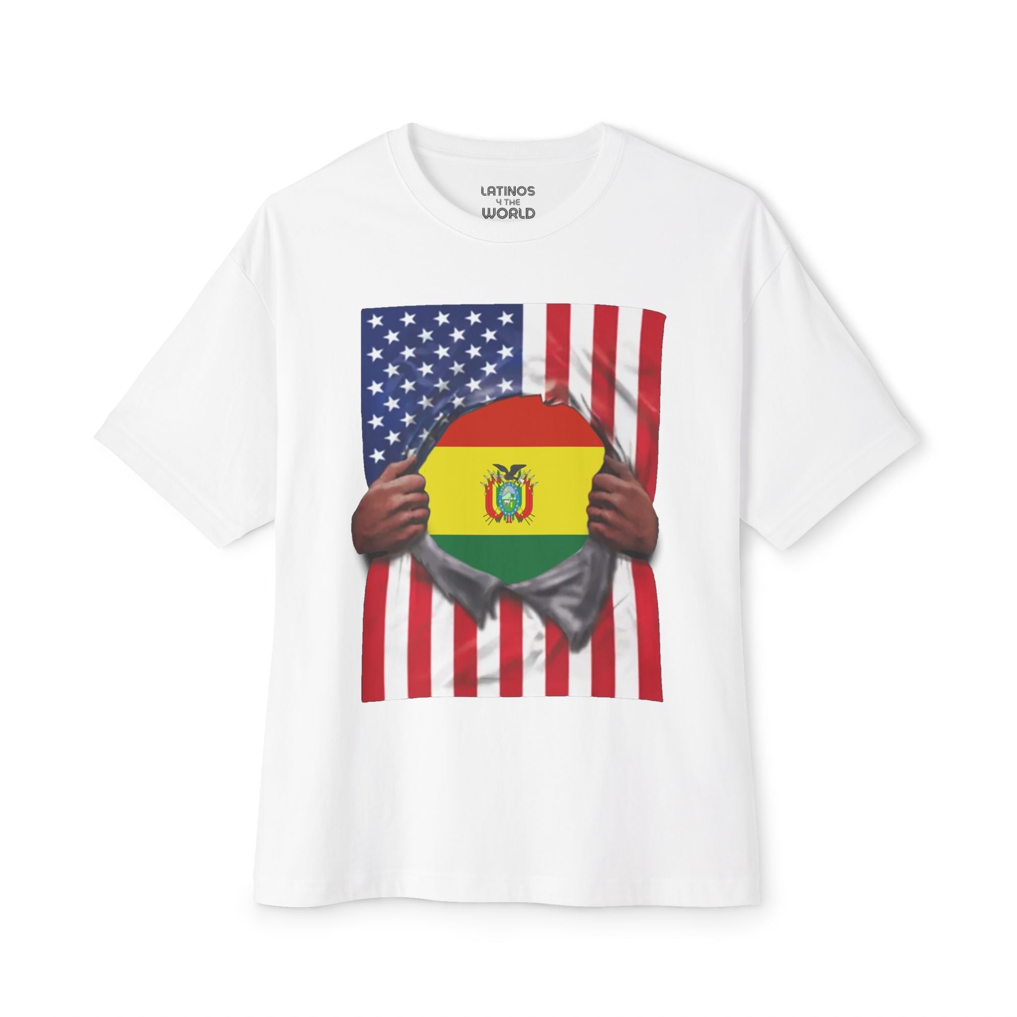 Camiseta del Orgullo de Bolivia + Bandera de EE. UU. | Bandera boliviana + americana rasgada para el 4 de julio | Camisetas latinas divertidas y virales | Unisex - 4 colores