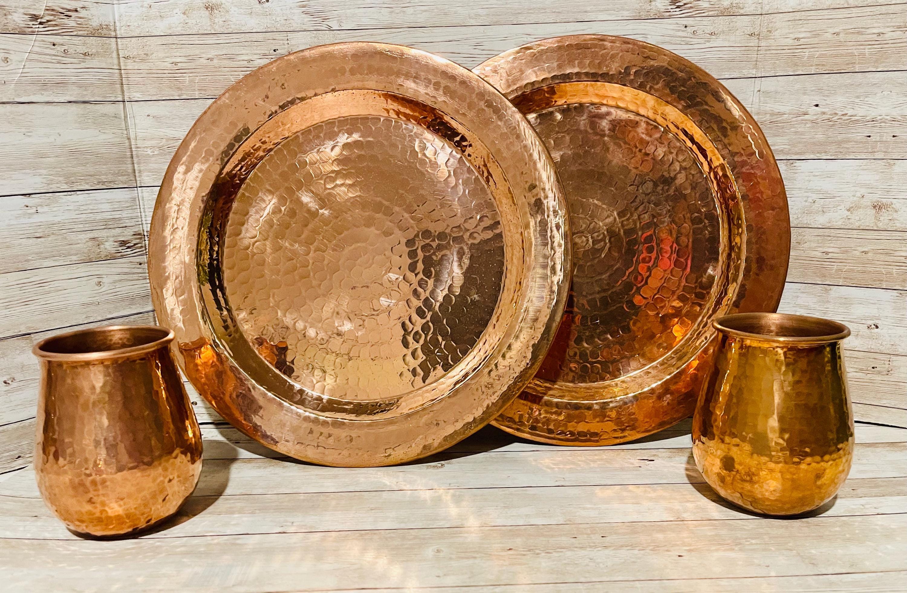 2 Mexican Copper Charger Plates with 2 Copper Cups 2 Platos de Cobre Mexicano con 2 Vasos de Cobre
