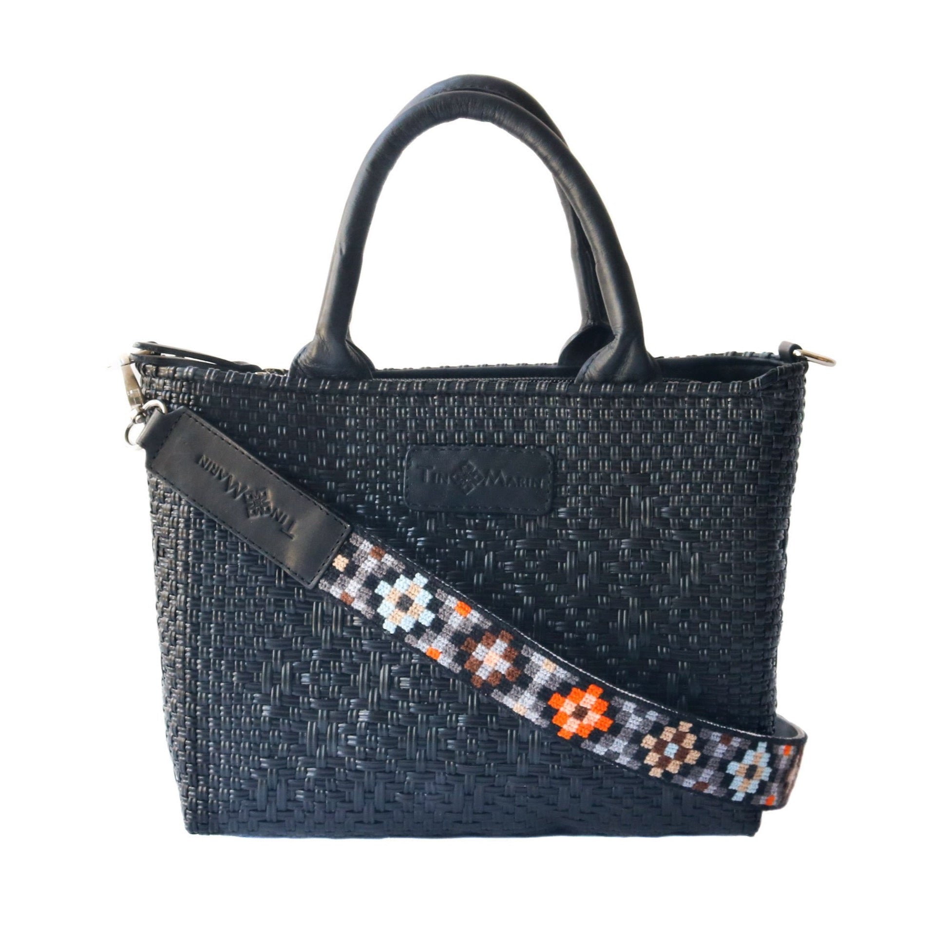 Correa para bolso tejido Mai - Marrón y naranja con cuero negro
