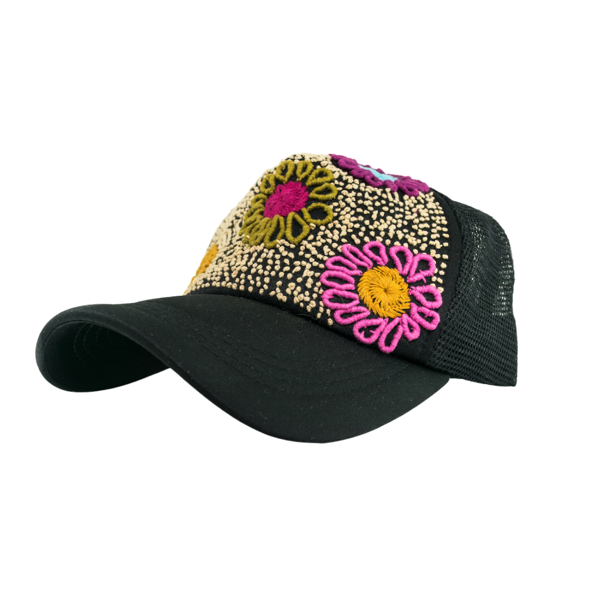 Gorra trucker Tulum bordada a mano con flores - México