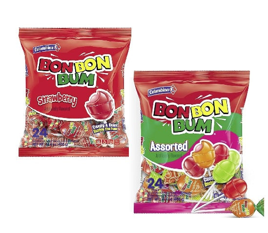 Colombina Bon Bon Bum Strawberry and assorted Lollipops -  24 Counts each (Pack of 2)