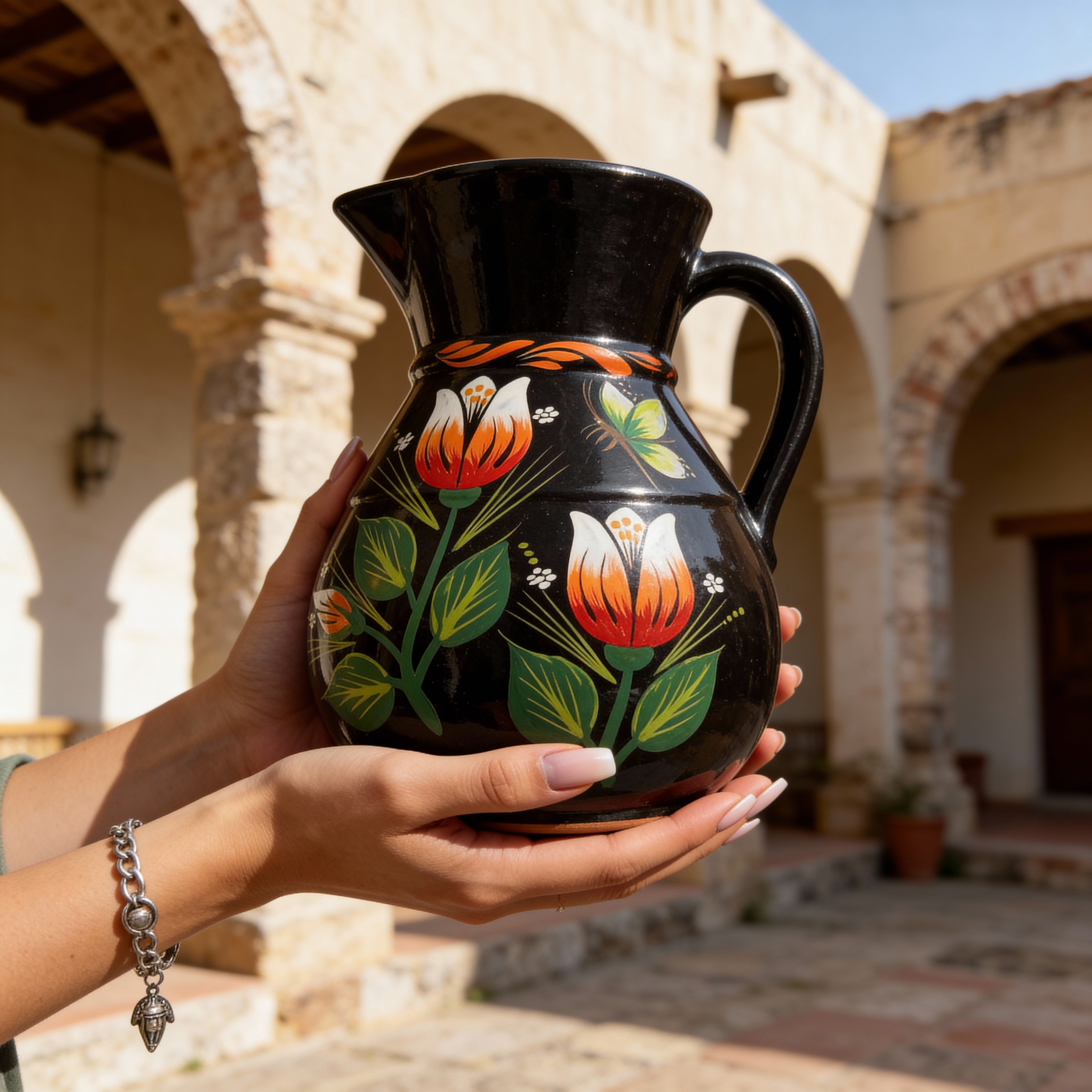 Hand-Painted Black Ceramic Pitcher Set