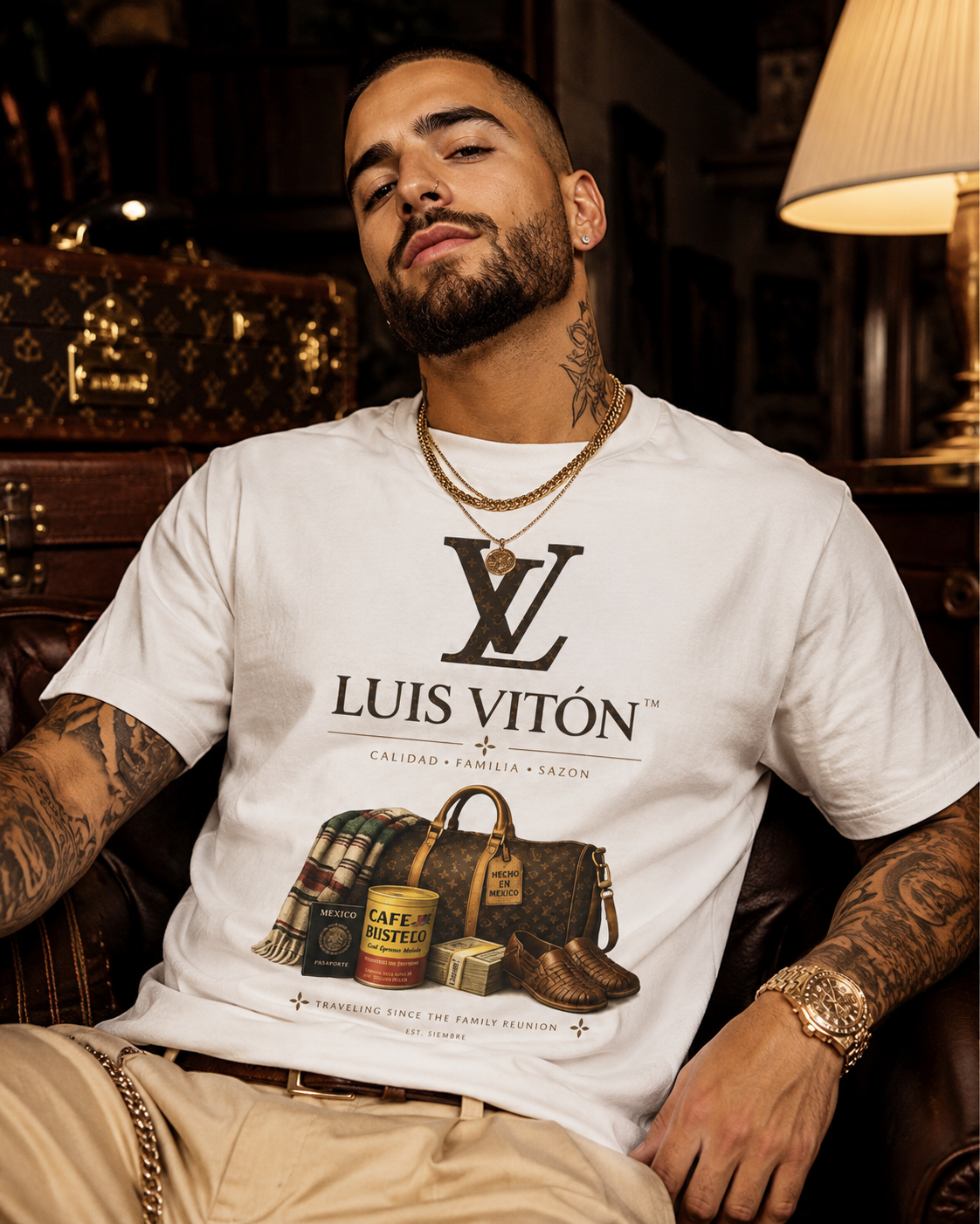 LUIS VITON Luxury Latino Fashion T-shirt | Calidad, Familia, Sazon Latino Graphic Humor | Heavyweight Cotton