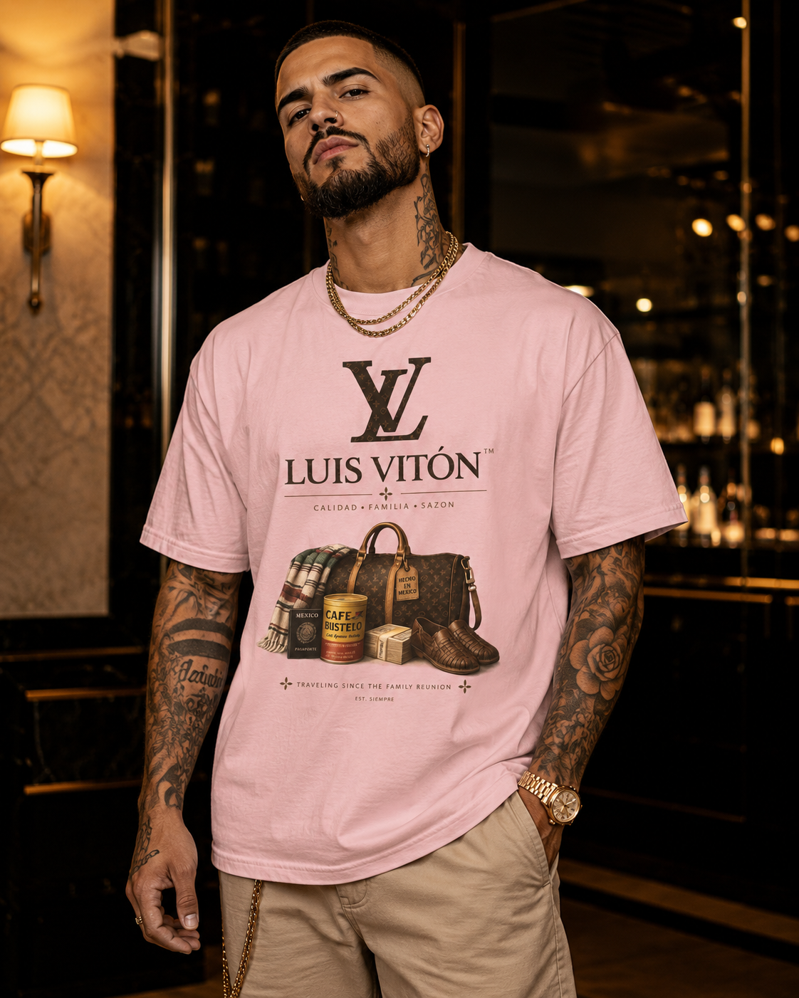 LUIS VITON Luxury Latino Fashion T-shirt | Calidad, Familia, Sazon Latino Graphic Humor | Heavyweight Cotton
