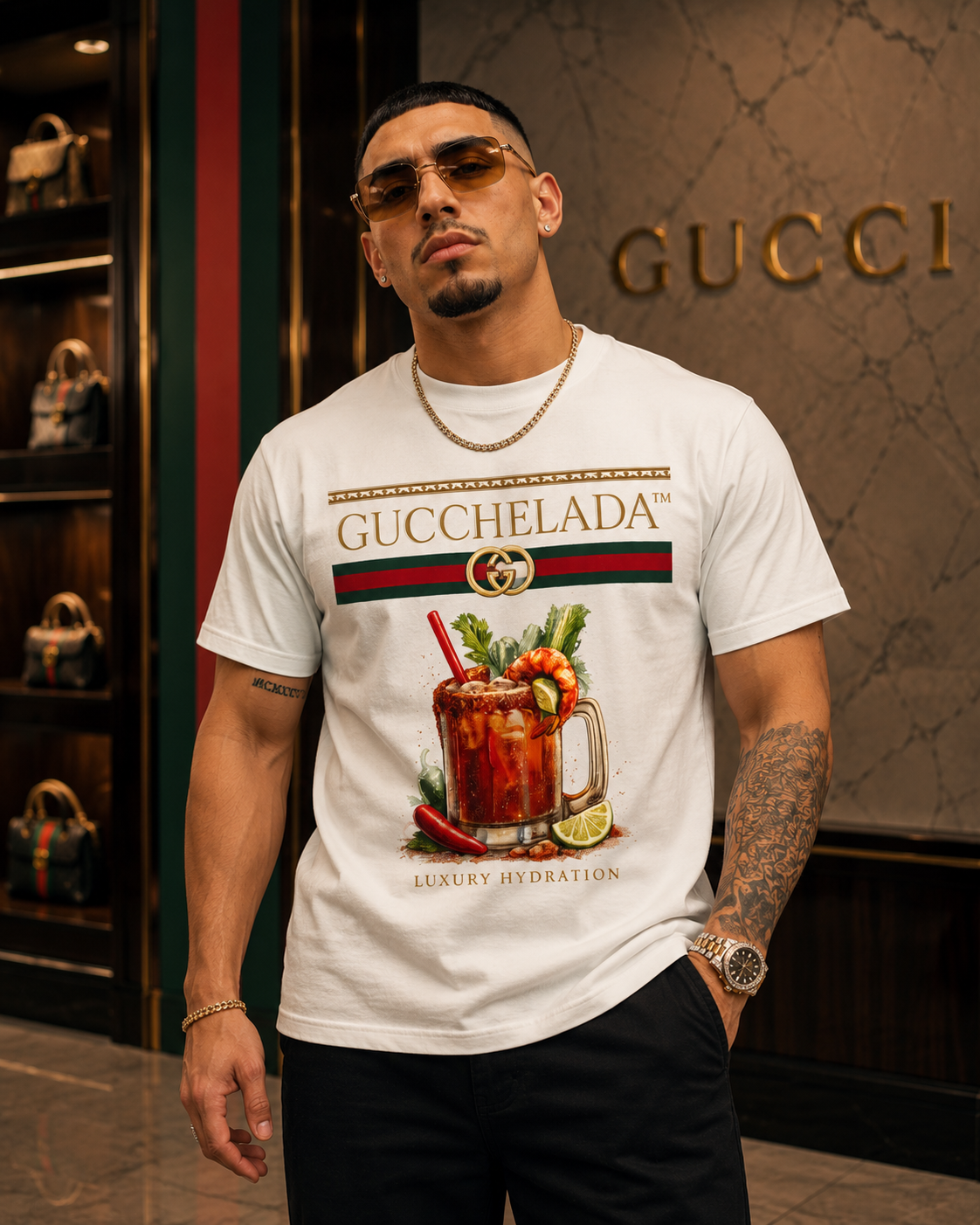 GUCCHELADA™ Luxury Hydration Fashion T-shirt | Michelada Latino Lover Graphic Humor | Heavyweight Cotton