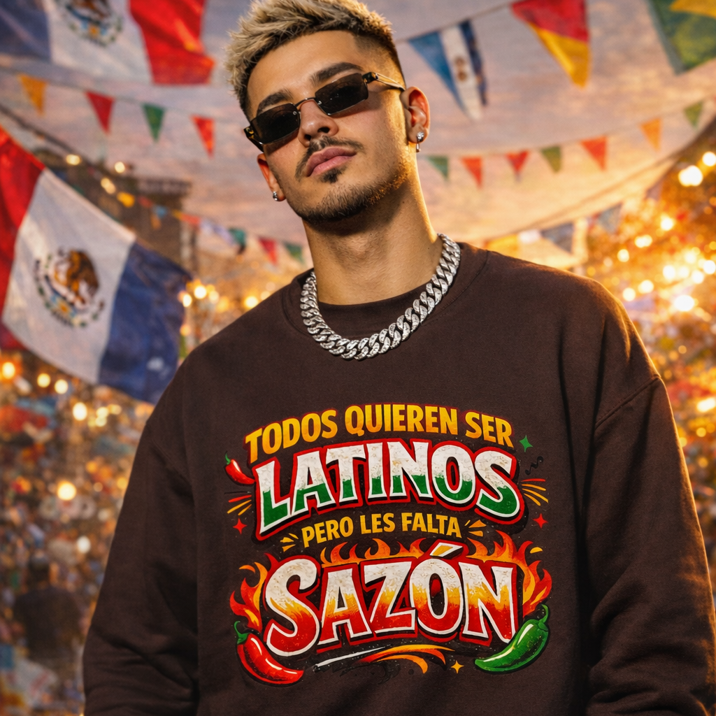 TODOS QUIEREN SER LATINOS PERO LES FALTA SAZÓN Comfy Fleece-Lined Crewneck Sweatshirt | Funny Latino Pride Phrase