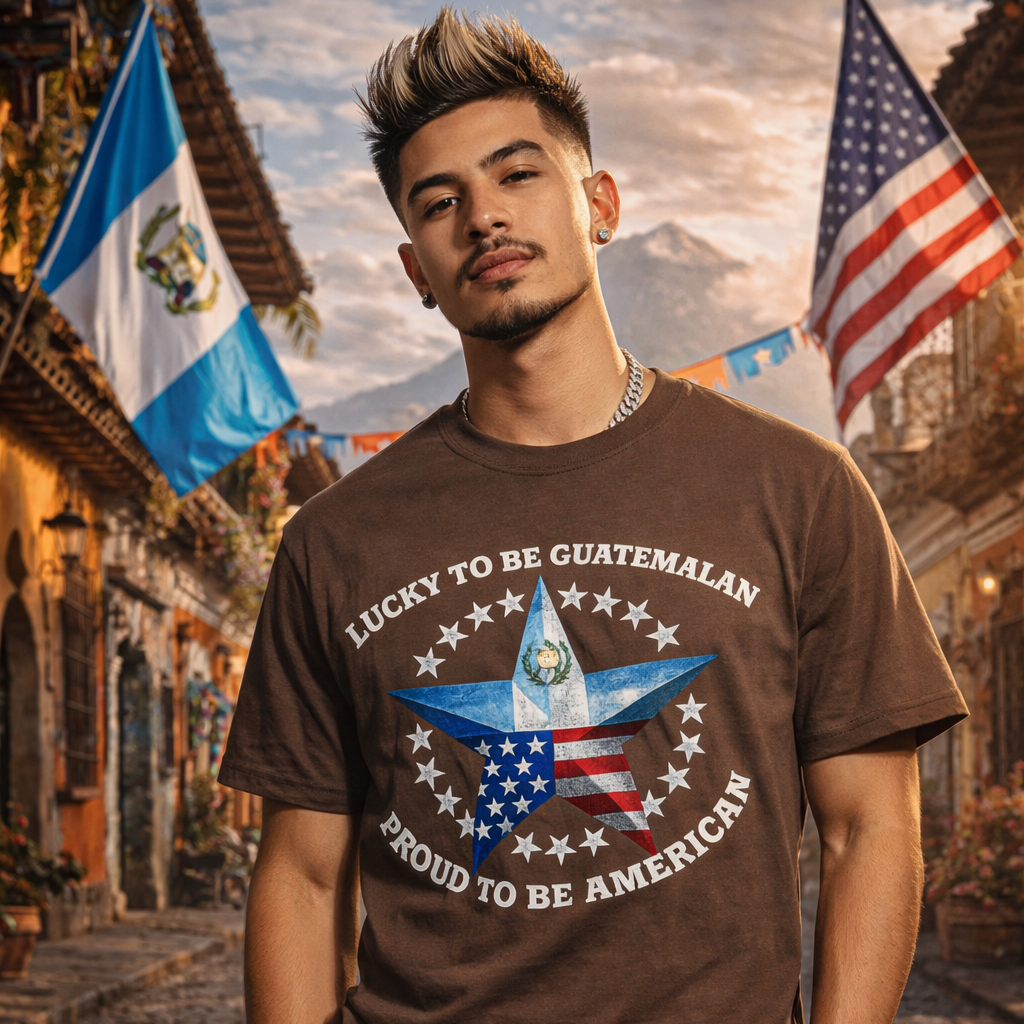 Lucky To Be Guatemalan, Proud To Be American T-shirt | Guatemala USA Funny Latino Tees | Heavyweight Cotton