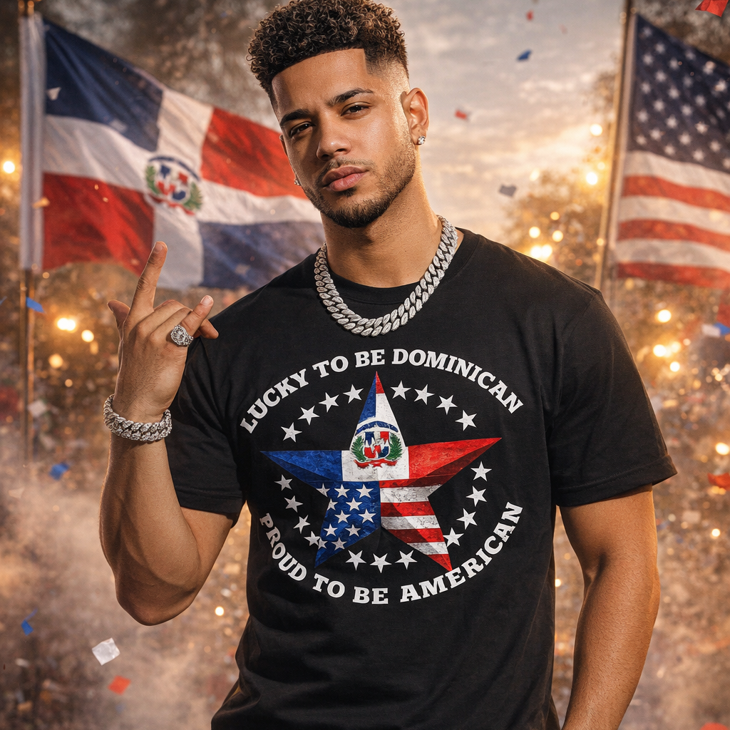 Lucky To Be Dominican, Proud To Be American T-shirt | Dominican Republic USA Funny Viral Latino Tees | Heavyweight Cotton