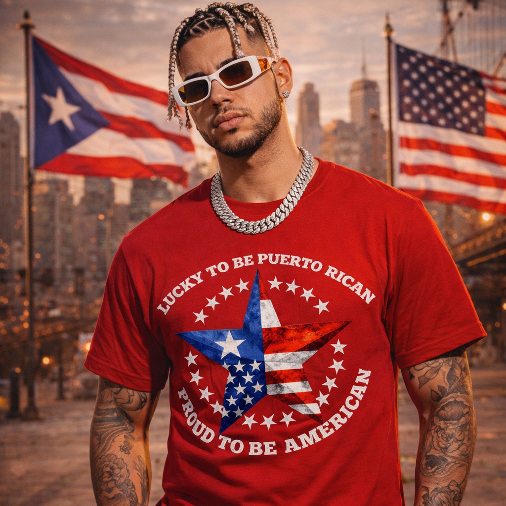Lucky To Be Puerto Rican, Proud To Be American T-shirt | Puerto Rico USA Funny Latino Tees | Heavyweight Cotton