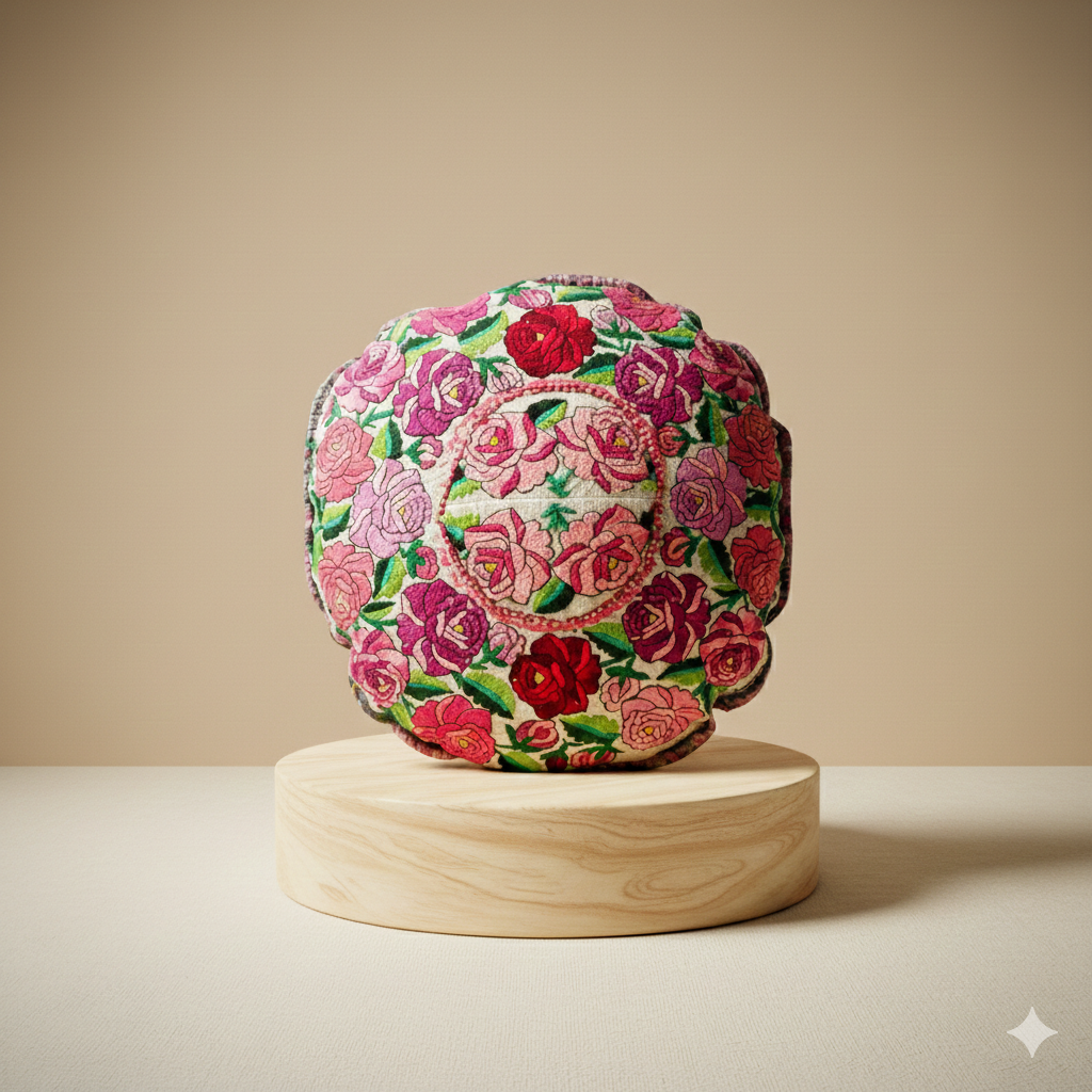 Funda de almohada redonda bohemia única de huipil floral con luna reciclada - Guatemala