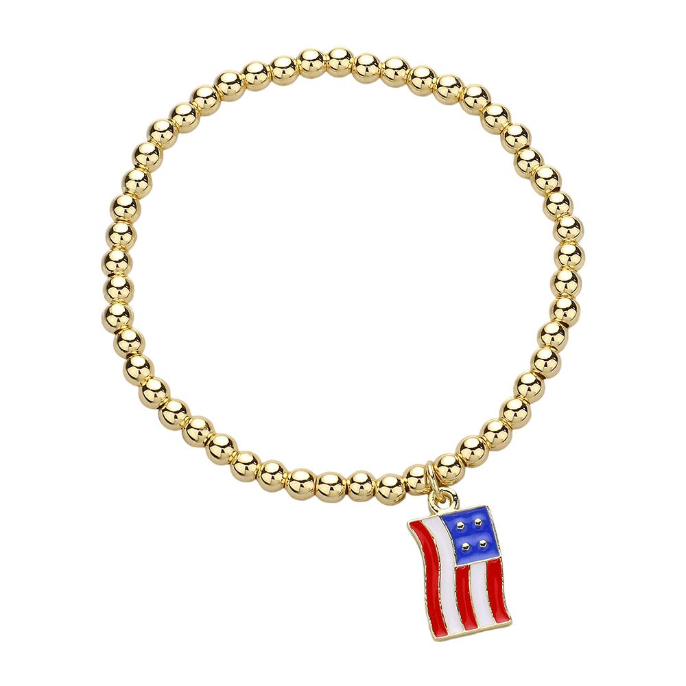 Stainless Steel Enamel American USA Flag Charm Stretch Bracelet