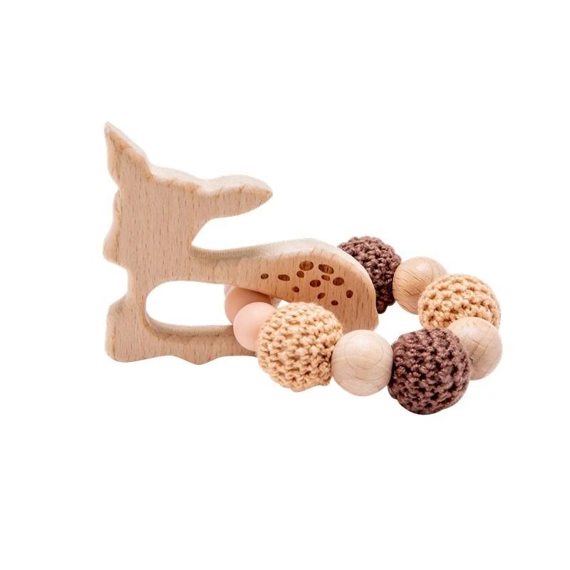 Wooden Teether Hedgehog Crochet Beads Wood Crafts Ring Engraved Bead Baby Teether Wooden Toys For Kids Rattle