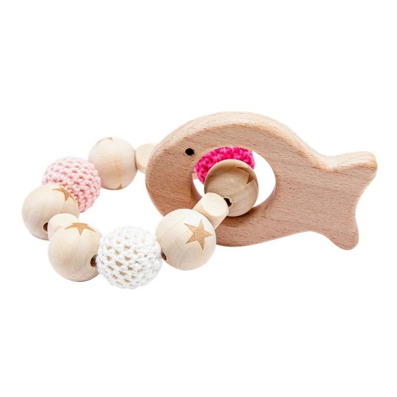 Wooden Teether Hedgehog Crochet Beads Wood Crafts Ring Engraved Bead Baby Teether Wooden Toys For Kids Rattle