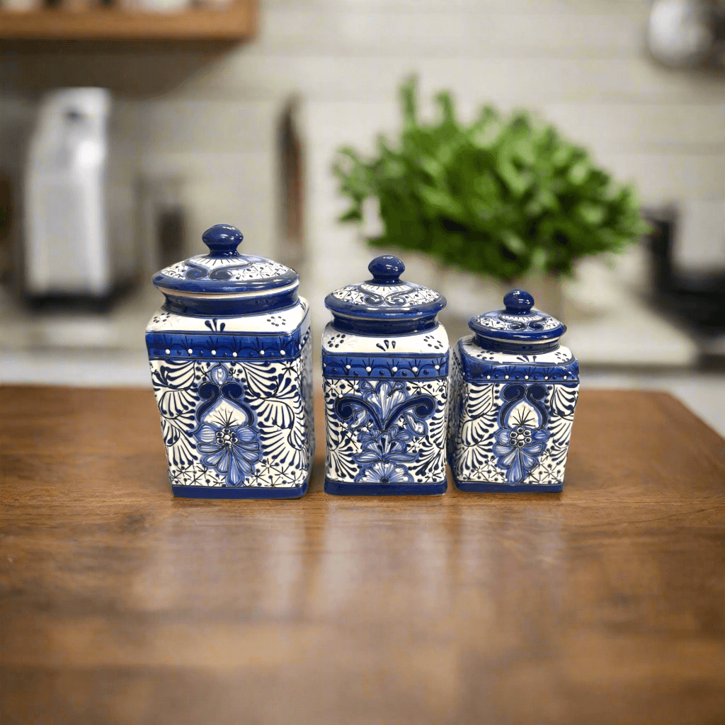 Juego de botes de Talavera azul | Tarros de cerámica mexicana hechos a mano