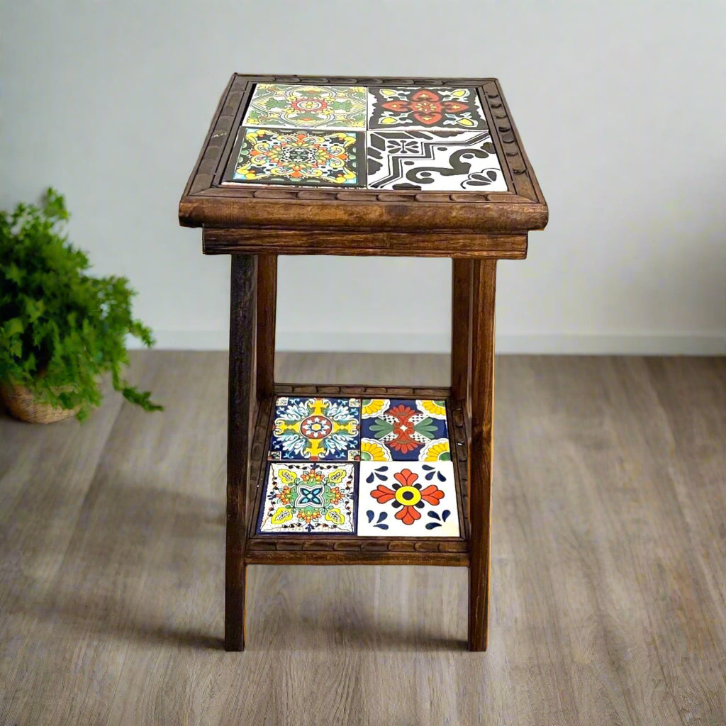 Mesa auxiliar de madera mexicana hecha a mano | Mesa auxiliar con azulejos cuadrados de Talavera