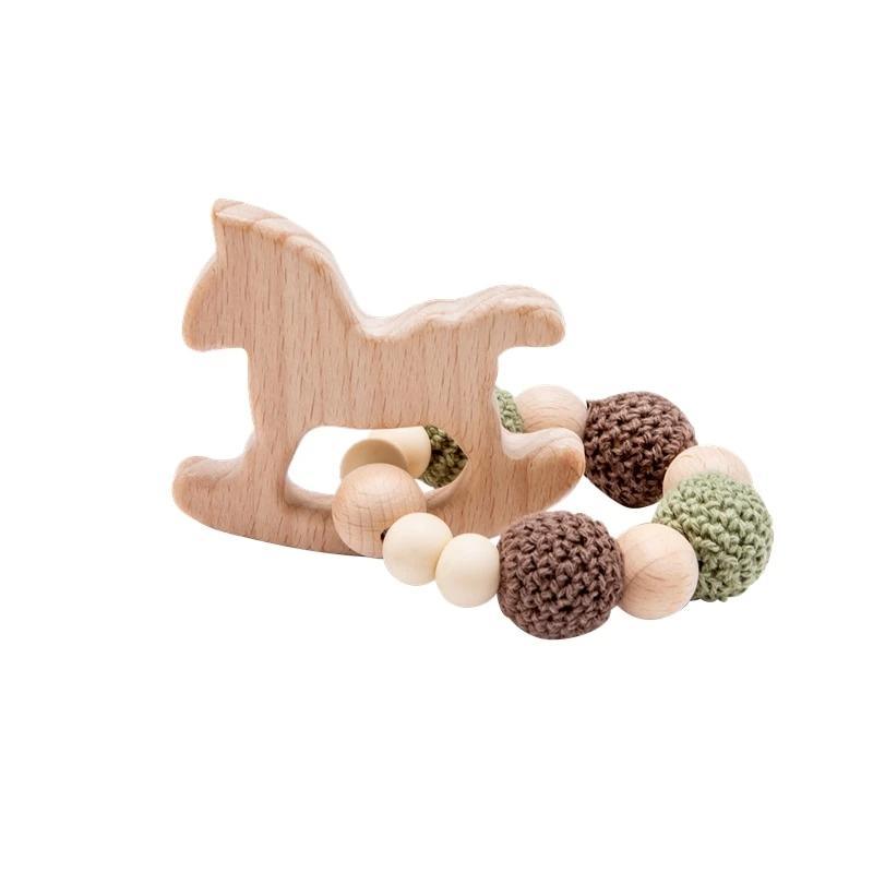 Wooden Teether Hedgehog Crochet Beads Wood Crafts Ring Engraved Bead Baby Teether Wooden Toys For Kids Rattle