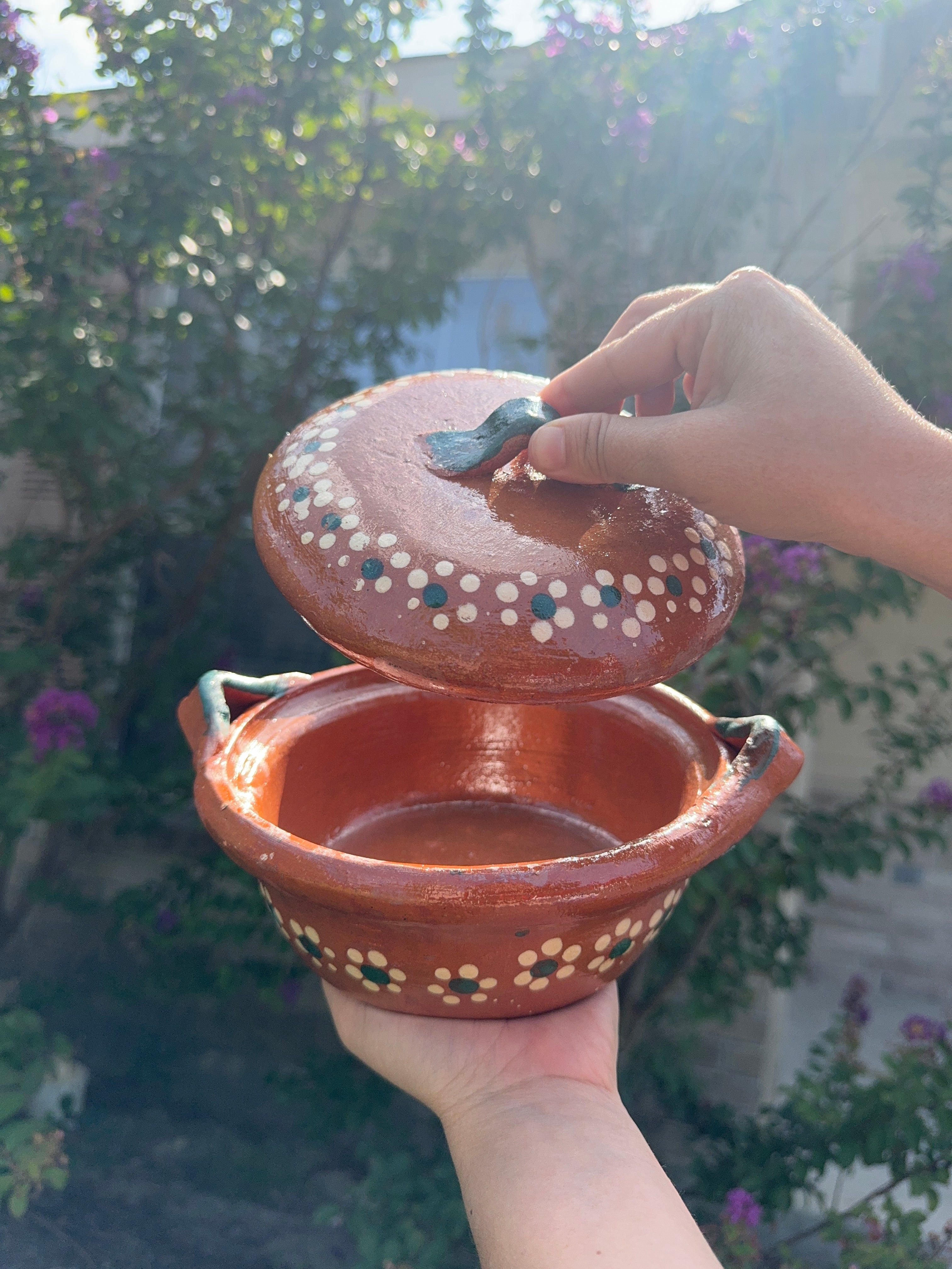 Handmade traditional small mexican 7” casserole with lid - cazuela de barro con tapa chica