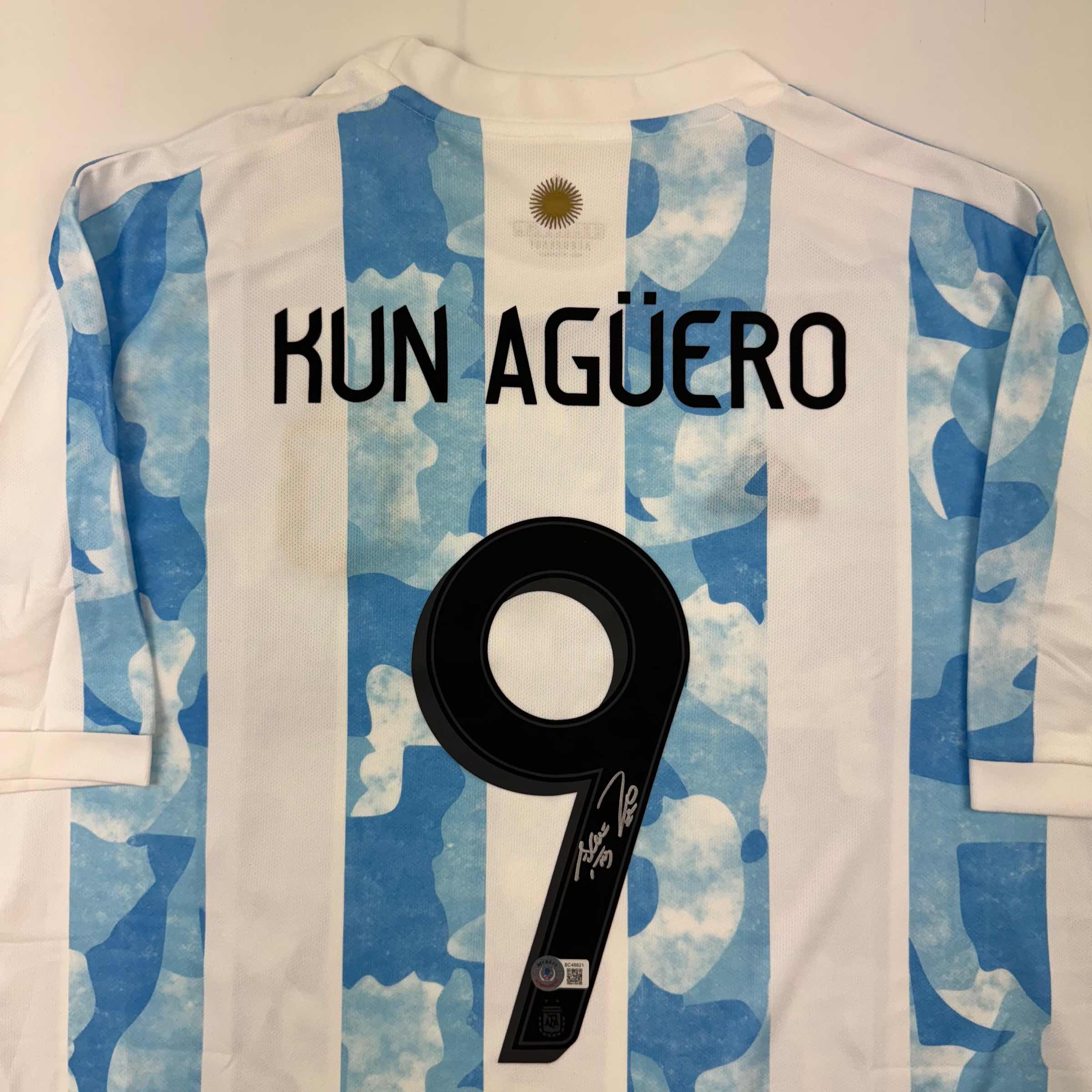 Autographed/Signed Sergio Kun Aguero 2021 Argentina Home Blue Soccer Futbol Jersey Beckett BAS COA