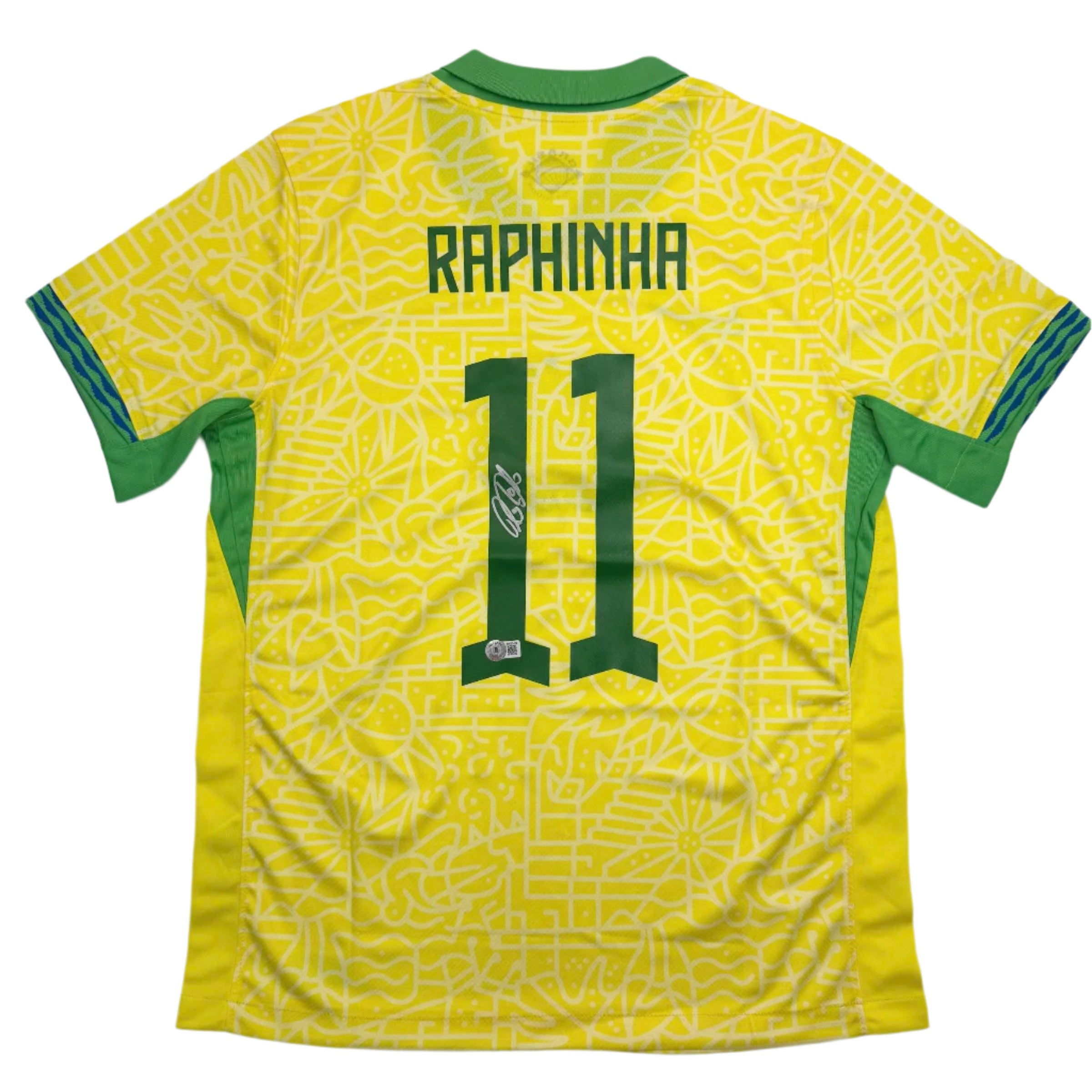 Camiseta de fútbol amarilla de Brasil, autografiada/firmada por Raphinha Raphael Belloli, con COA de Beckett BAS