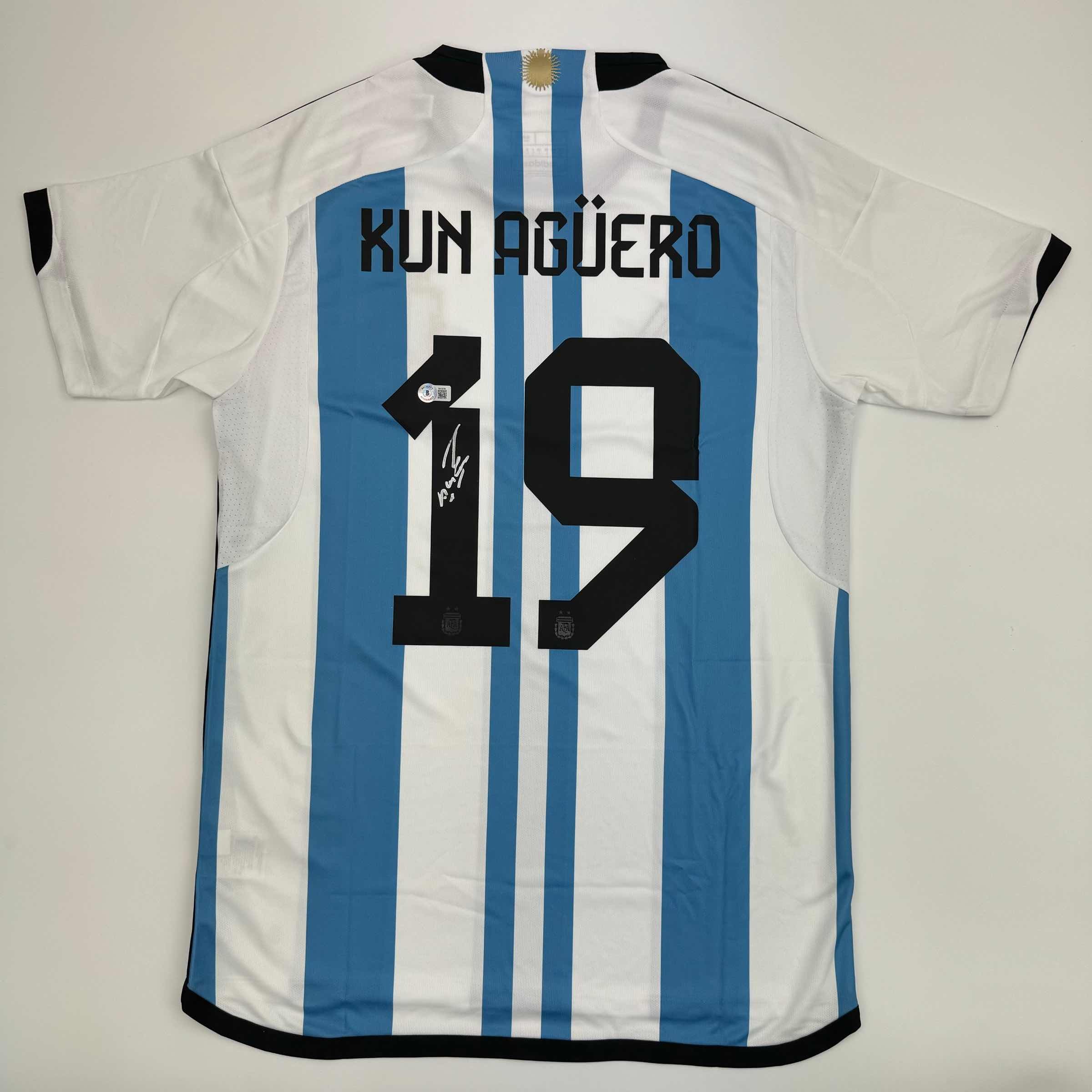 Autographed/Signed Sergio Kun Aguero Argentina Blue Soccer Futbol Jersey Beckett BAS COA