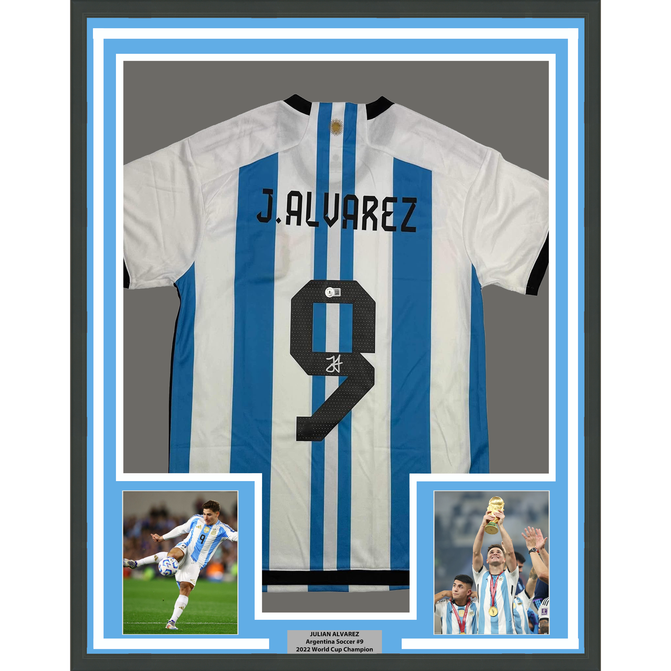 Framed Autographed/Signed Julian Alvarez 35x39 Argentina Blue/White Soccer World Cup Jersey Beckett BAS COA