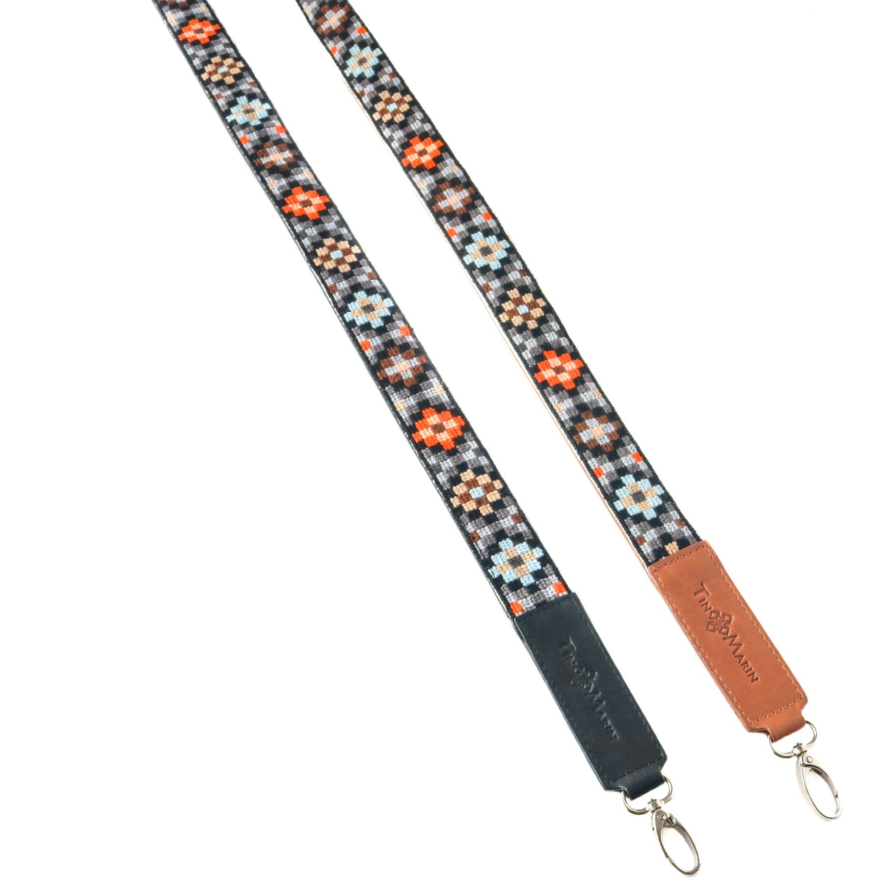 Correa para bolso tejido Mai - Marrón y naranja con cuero negro