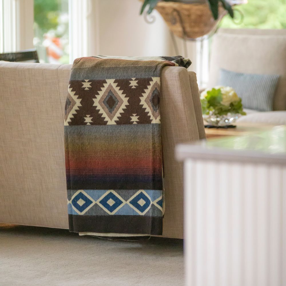 Yachana Collection - Handwoven Sunset Diamond Red Brown Blue & Cream Alpaca Throw Blanket From Ecuador