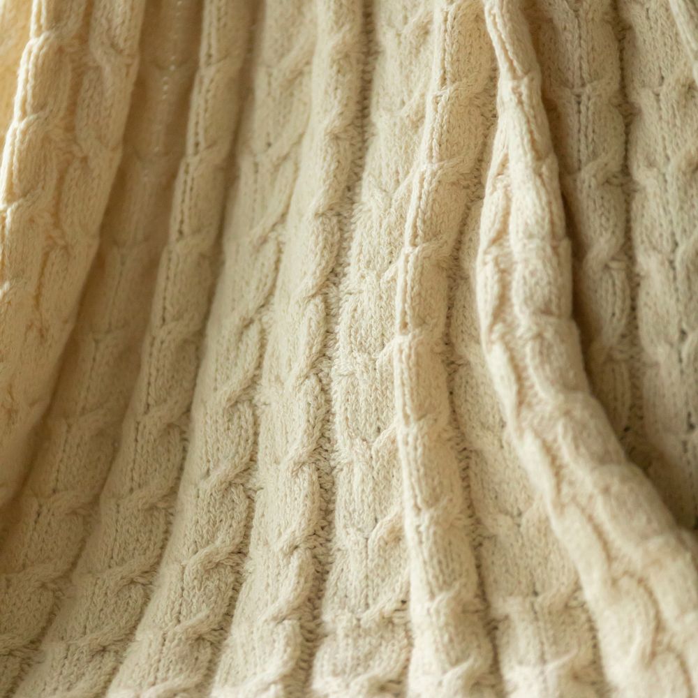 Muru Collection - Handloomed Peruvian Pima Cotton & Undyed Baby Alpaca Ivory Cable Throw Blanket From Peru