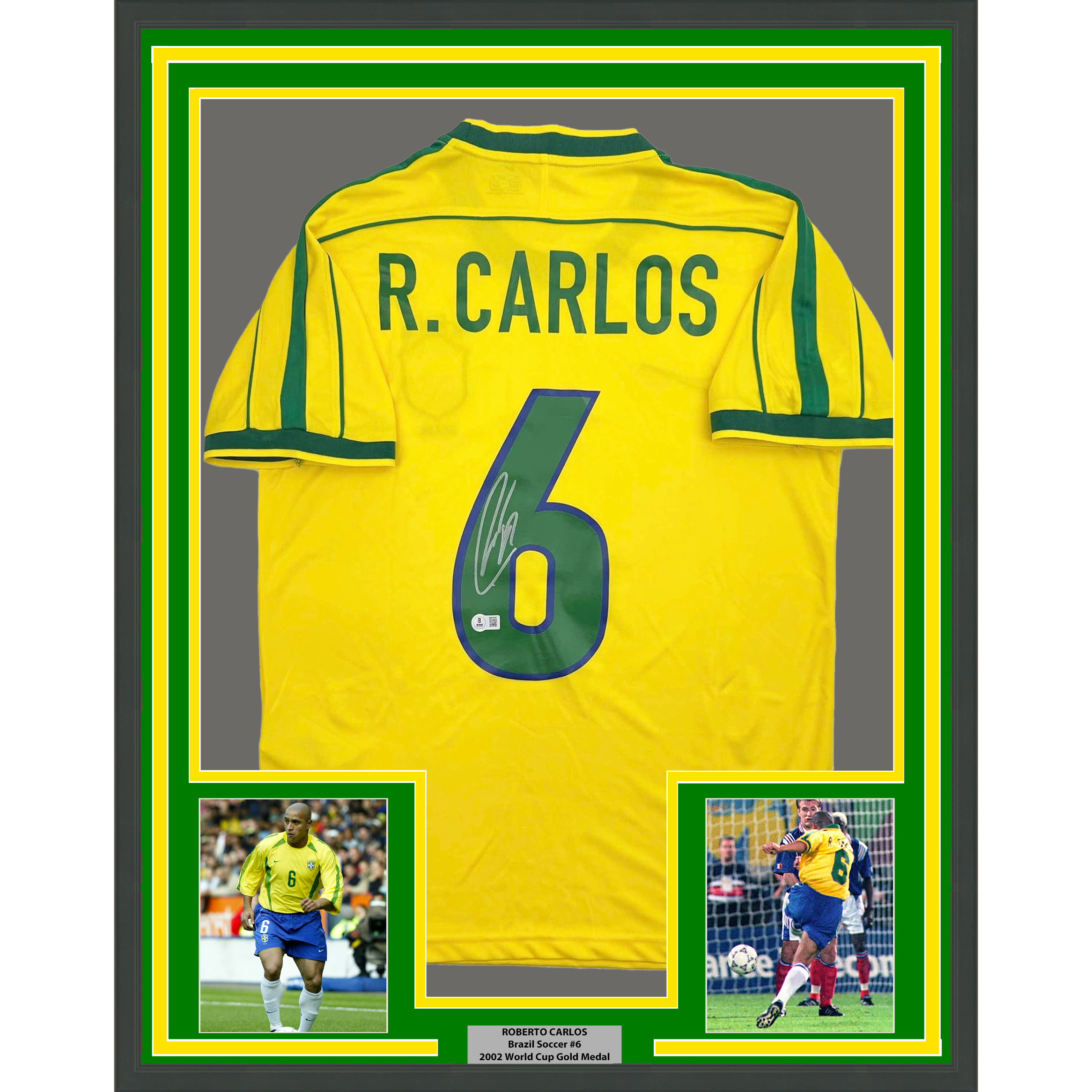 Camiseta de fútbol amarilla de Brasil de Roberto Carlos, 35x39, enmarcada, autografiada/firmada, Beckett BAS COA