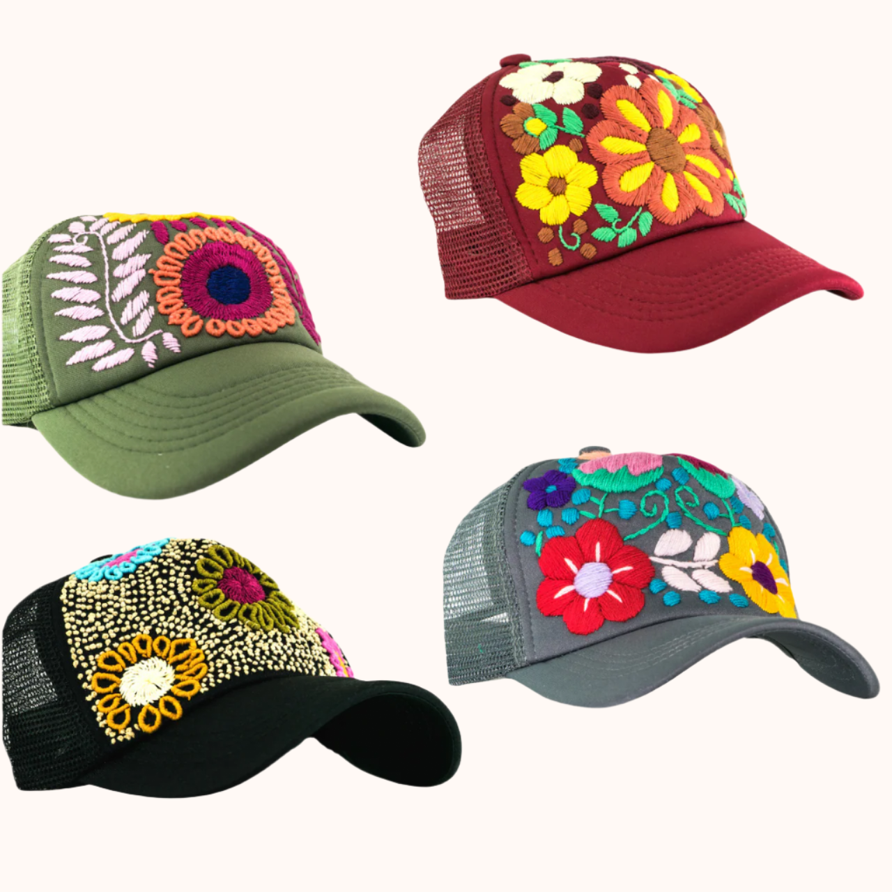 Gorra trucker Tulum bordada a mano con flores - México