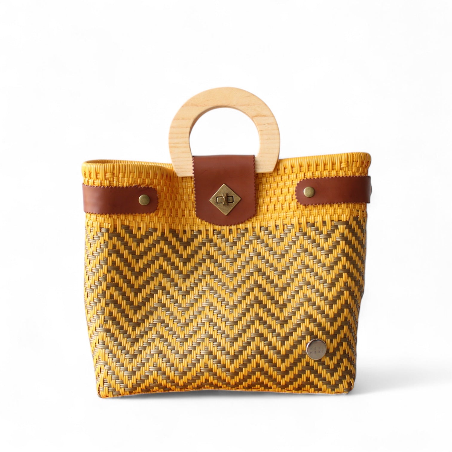 Yellow & Gold Chevron Mexican Tote Wood Handles