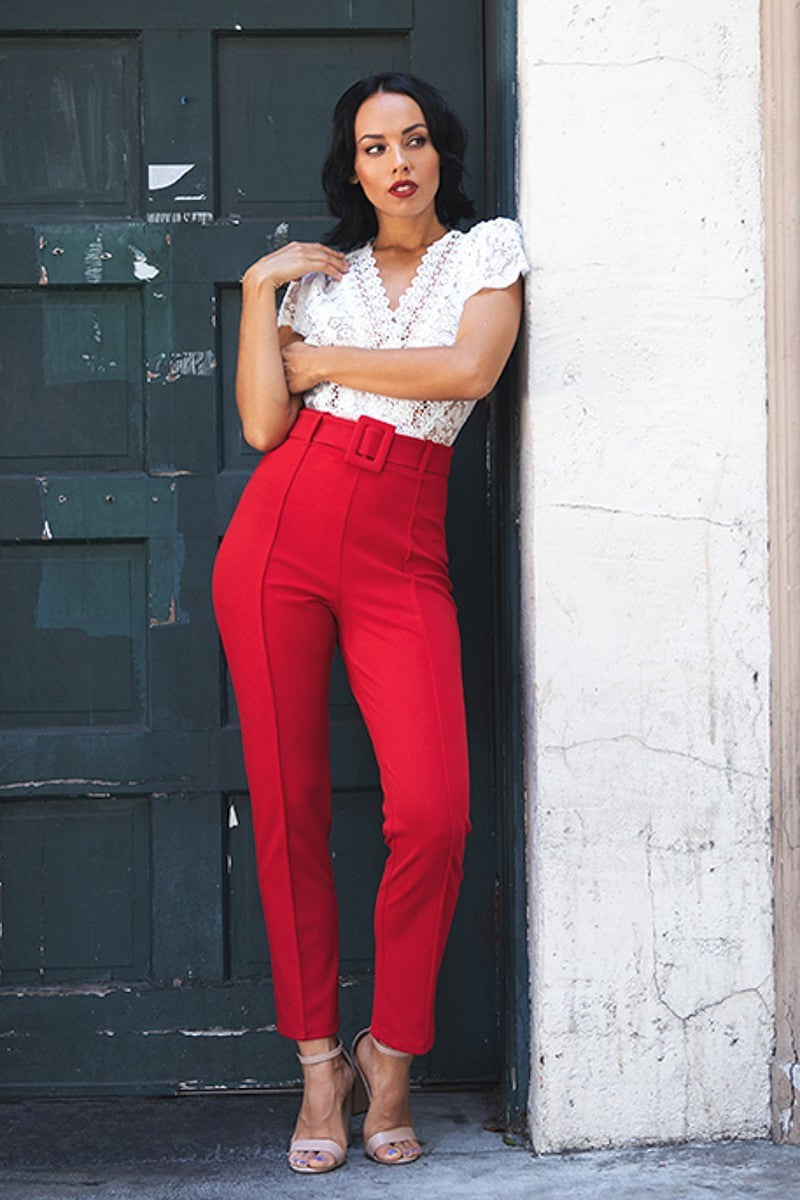 Women's Red Pants with Belt with a Buckle for Travel