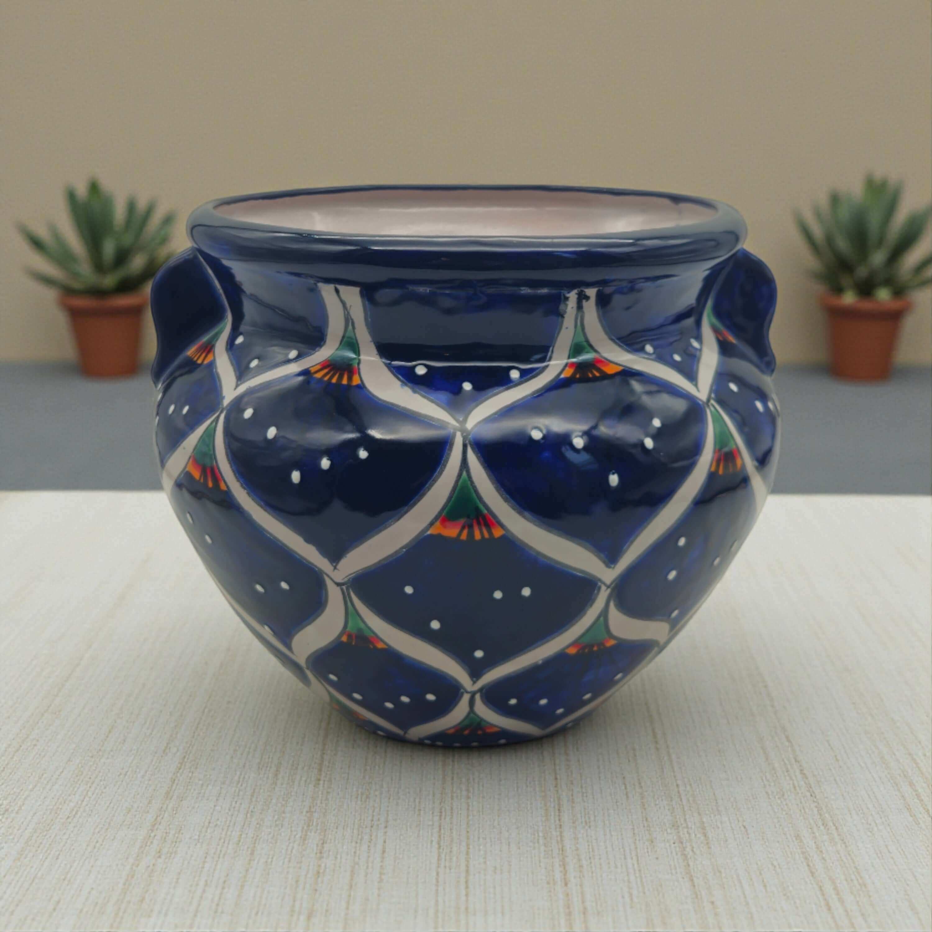 Maceta Talavera Pavo Real Azul | Cerámica Mexicana Pintada a Mano