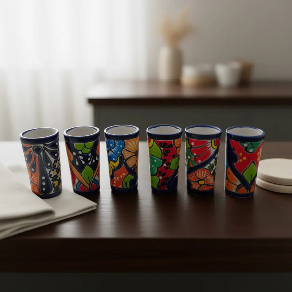 Vaso Tequilero Talavera Borde Azul | Cristalería Mexicana Pintada a Mano