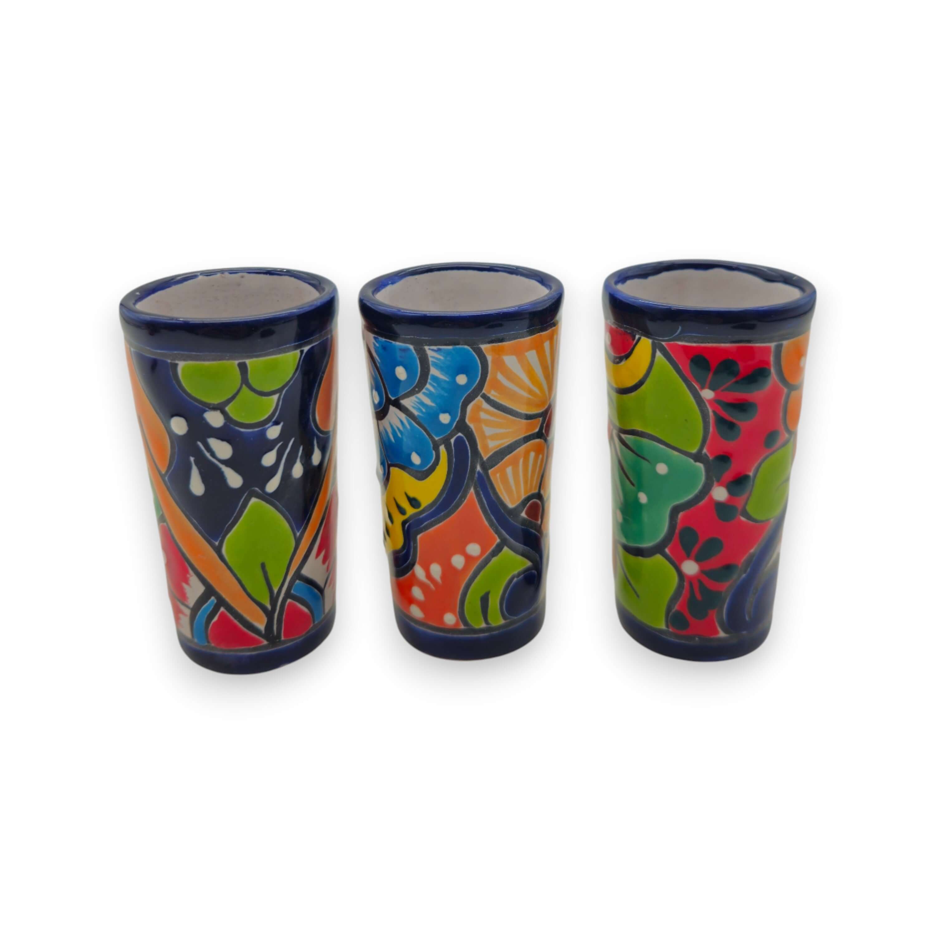 Vaso Tequilero Talavera Borde Azul | Cristalería Mexicana Pintada a Mano