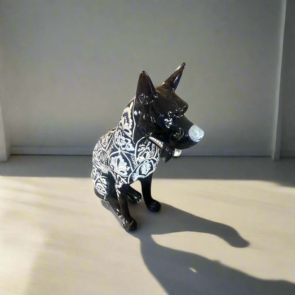Blue & White Talavera Dog Statue | Handmade Ceramic Art