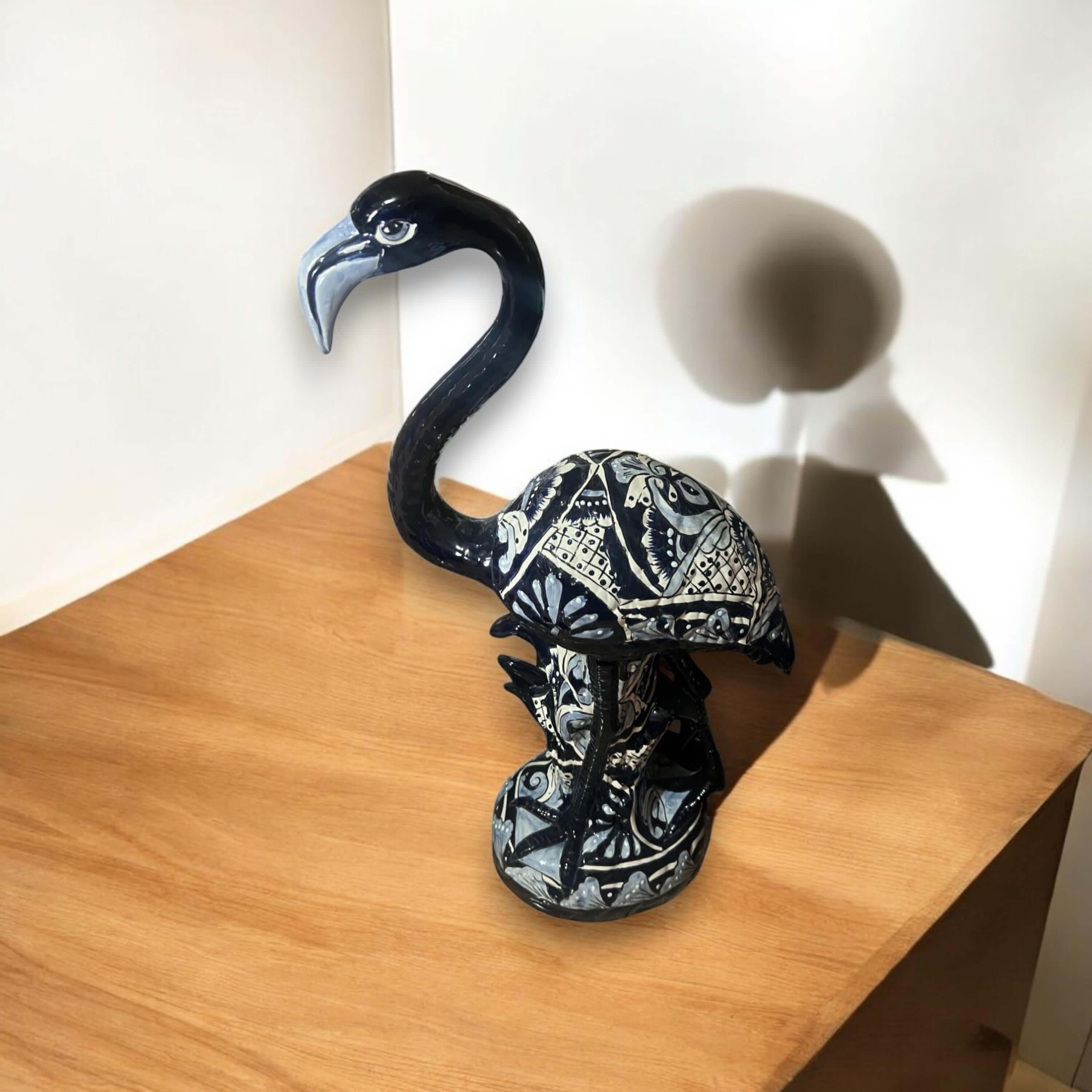 Blue & White Talavera Flamingo Statue | Hand-Painted Bird Pottery