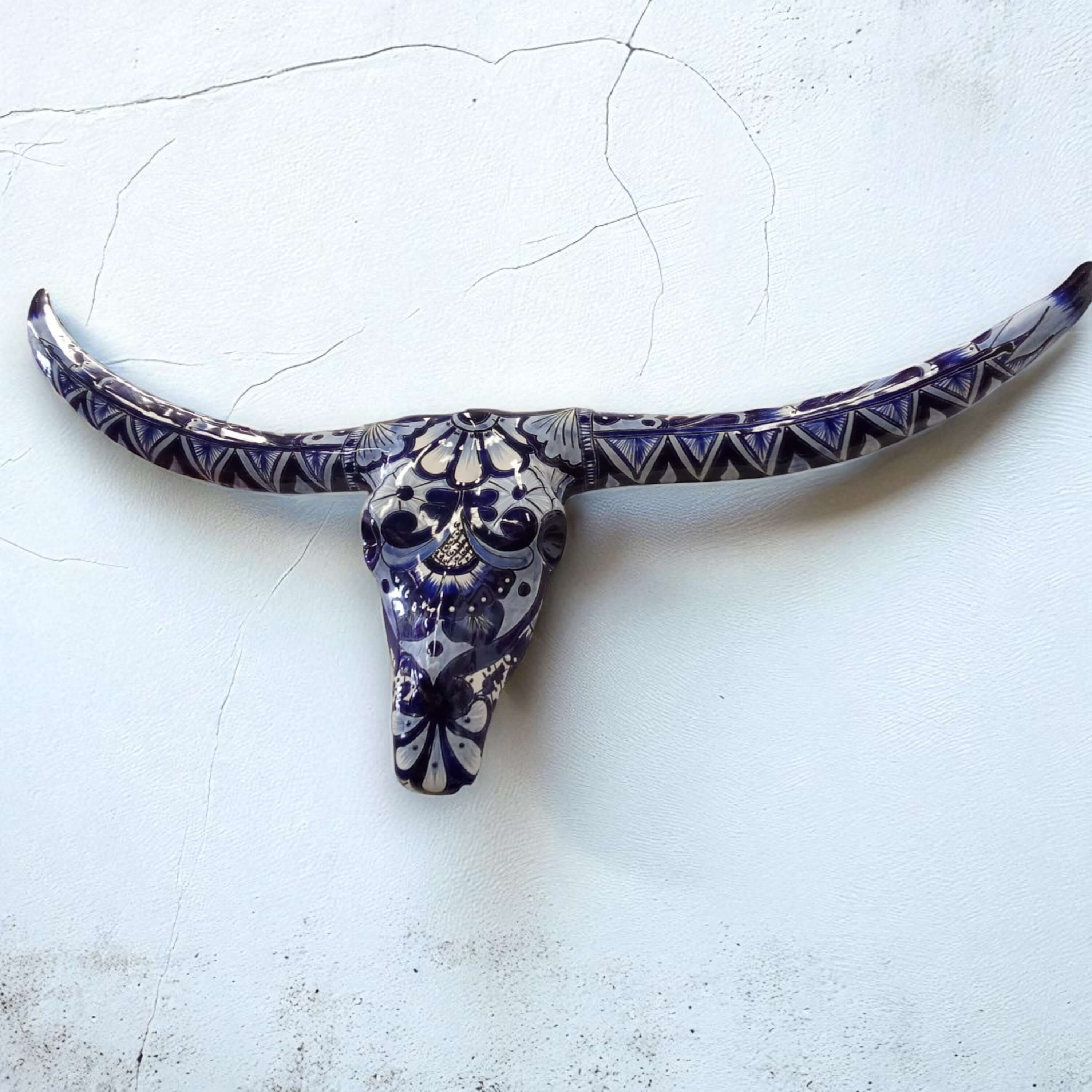 Talavera Longhorn Skull | Blue & White Mexican Wall Art