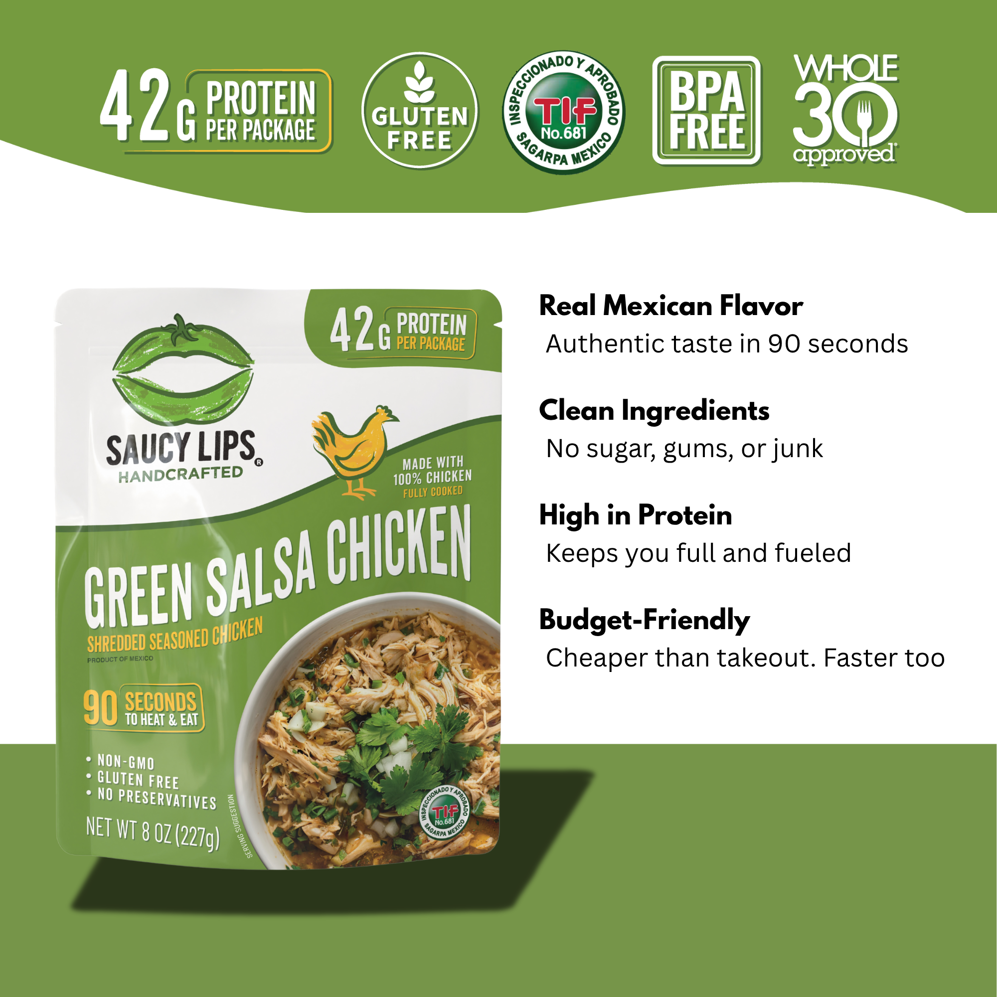 Pollo con Salsa Verde – 42g de Proteína | Listo en 90 Segundos