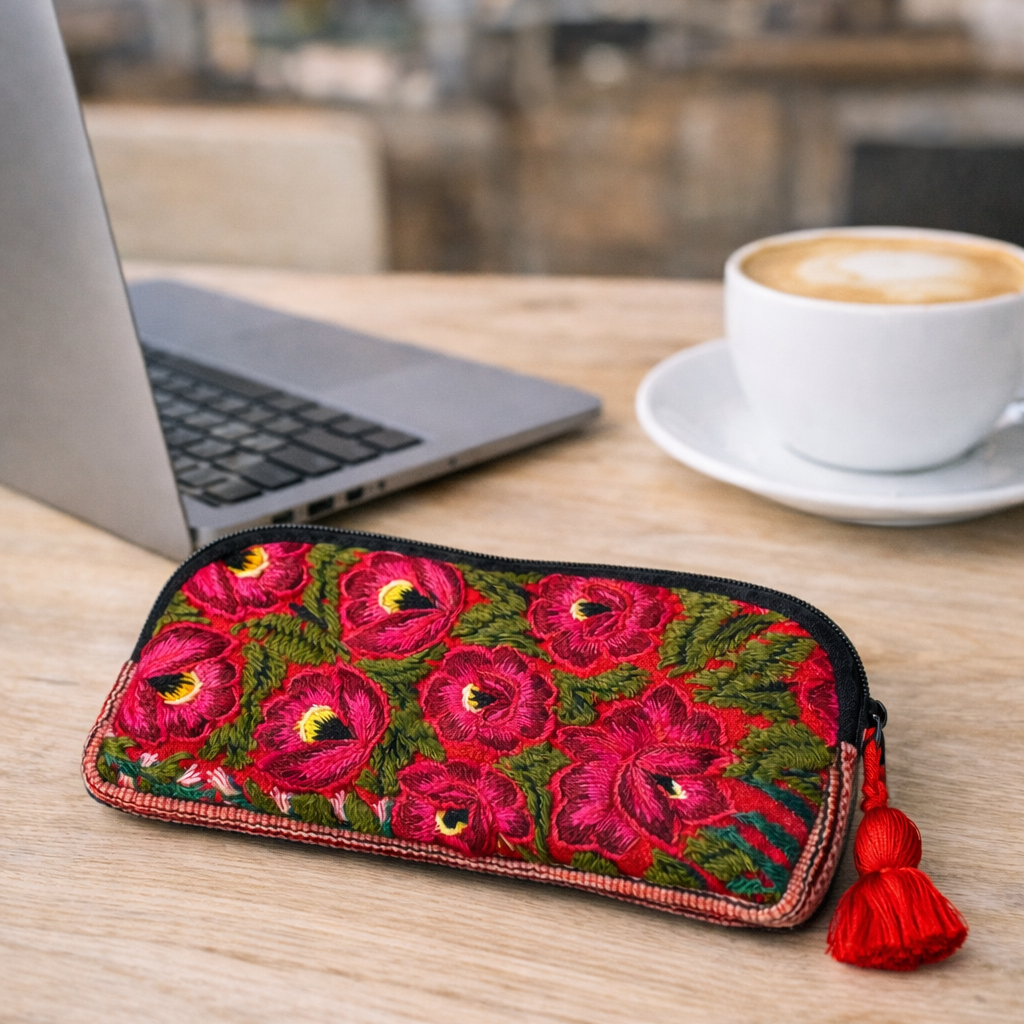 Up-cycled Half Moon Huipil Cosmetic Padded Bag with Tassel - Guatemala