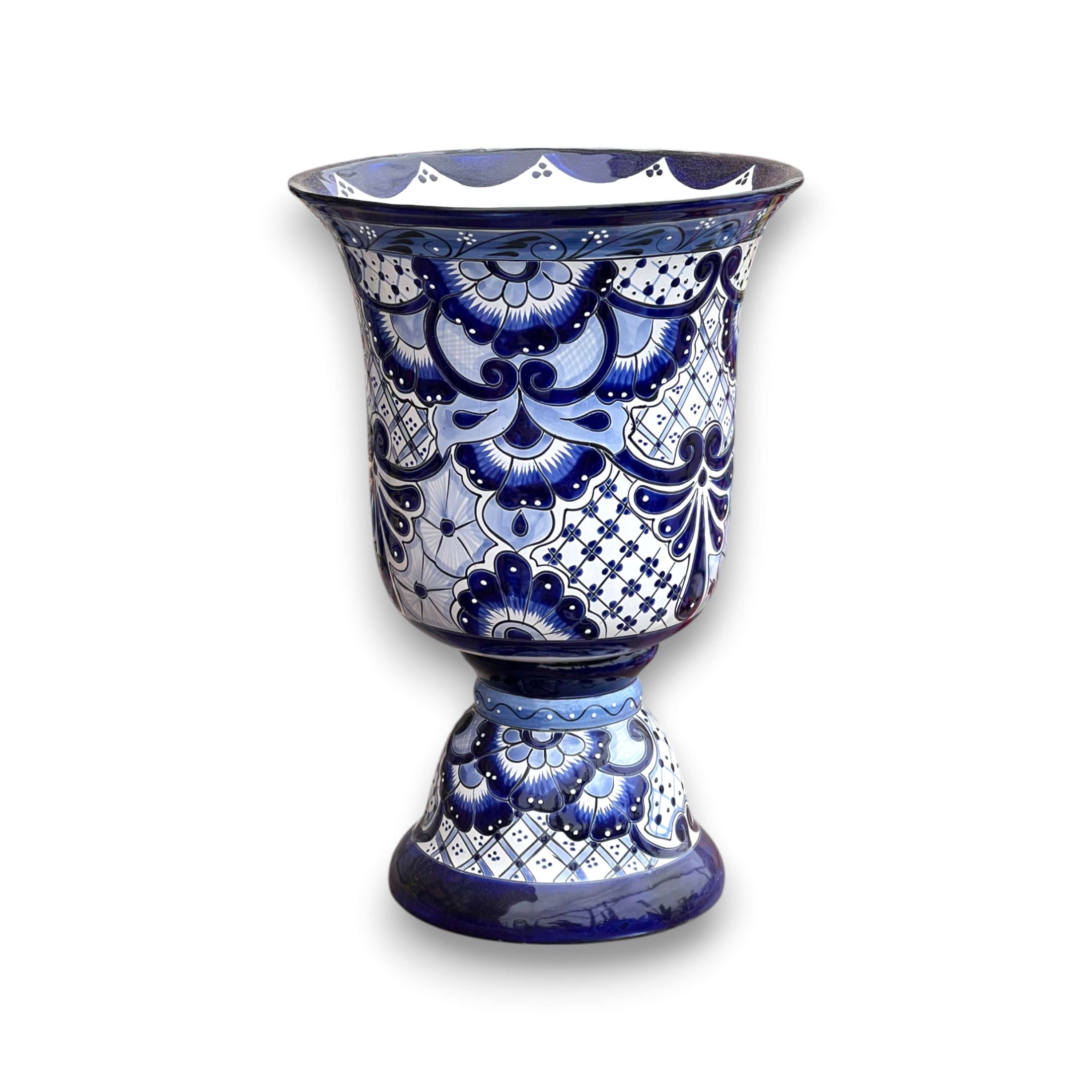 Macetero XL de Talavera | Maceta de pedestal azul pintada a mano