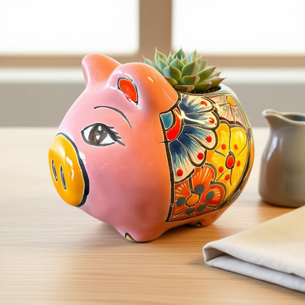 Maceta de cerámica mexicana Talavera con forma de cerdo | Decoración vibrante hecha a mano