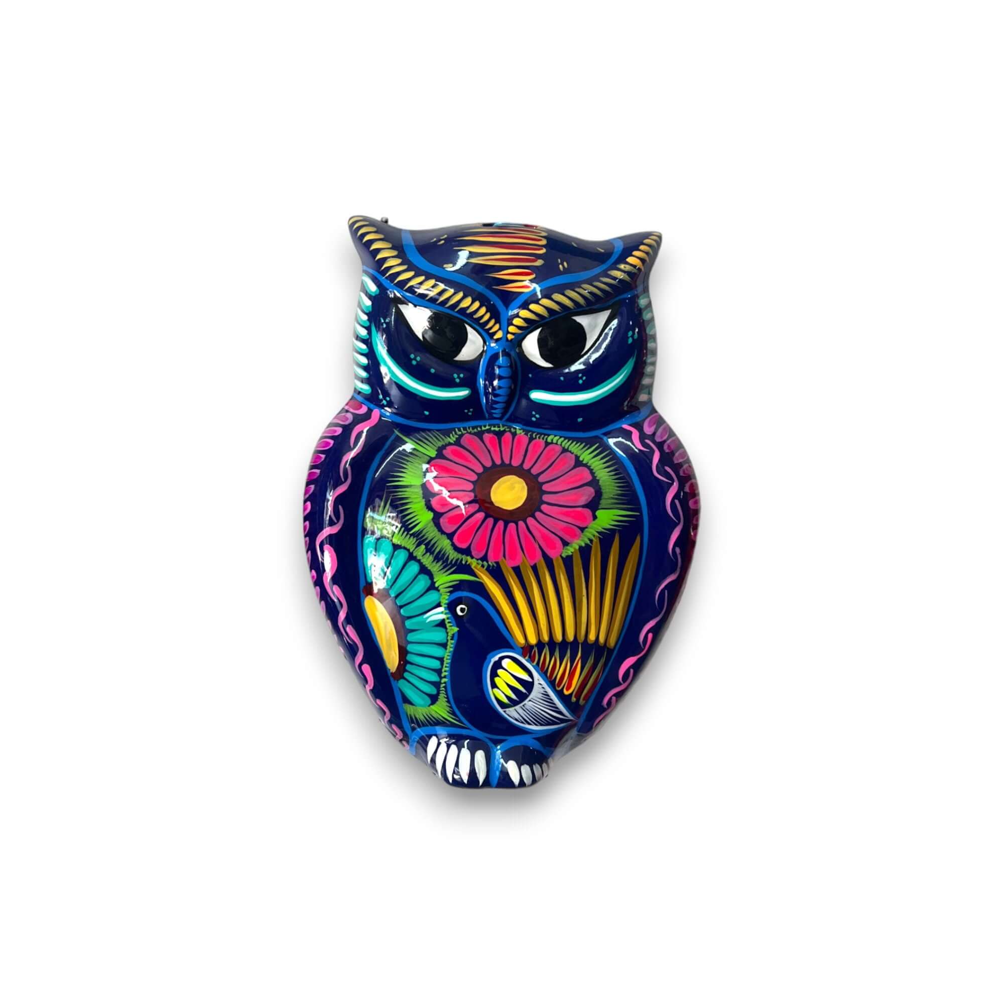 Colgador de pared Búho Guerrero | Pieza de arte de cerámica mexicana colorida
