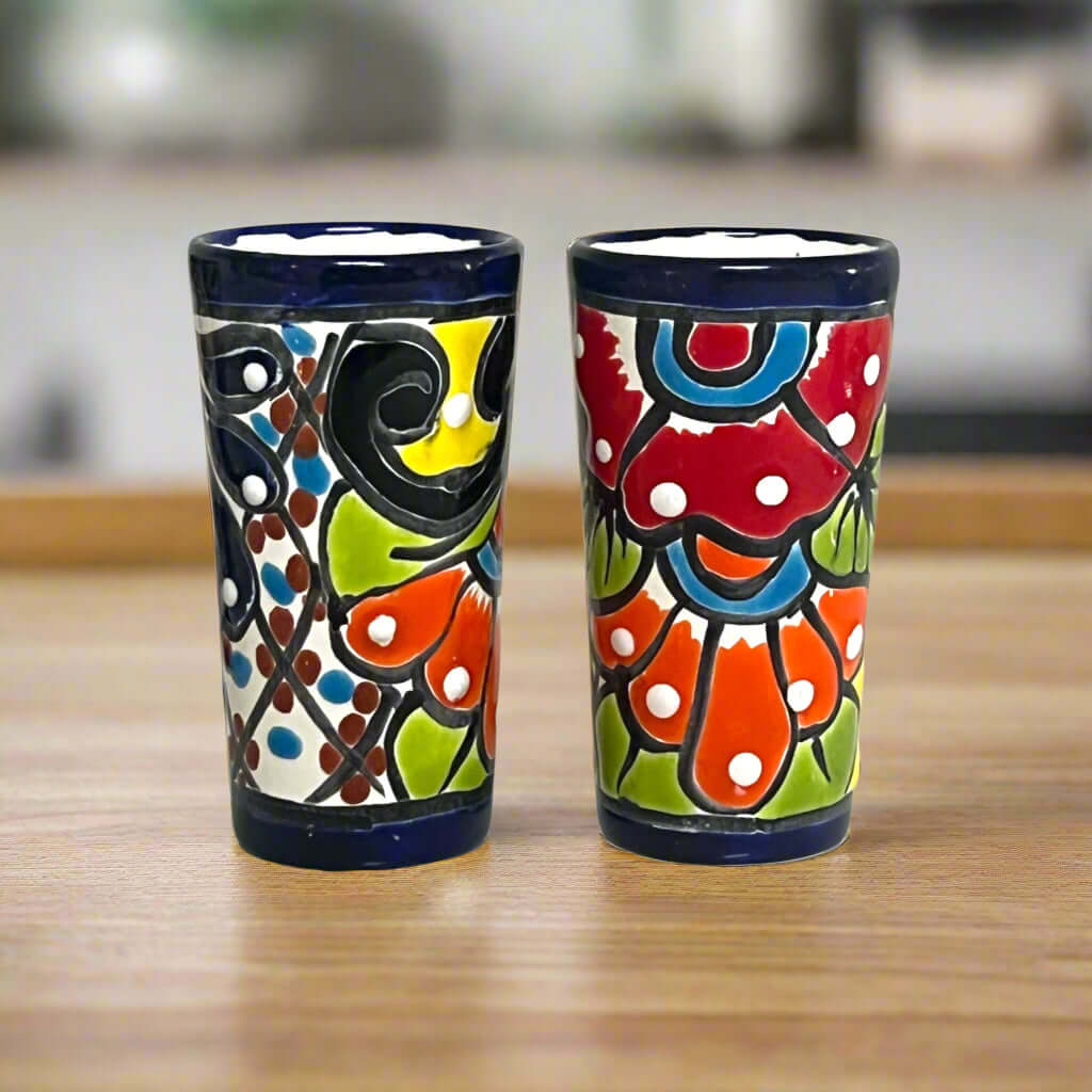 Vaso Tequilero Talavera Borde Azul | Cristalería Mexicana Pintada a Mano