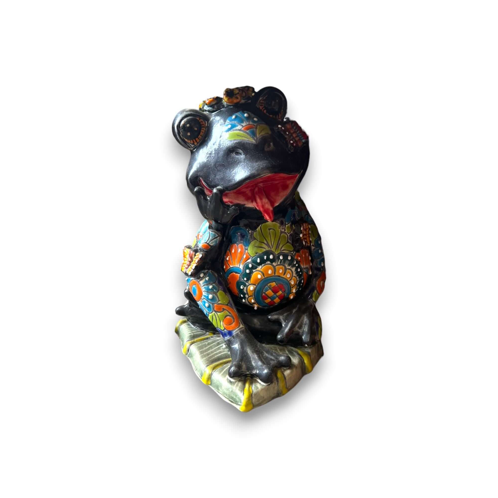 Estatua de Rana Talavera Pintada a Mano | Decoración Mexicana de Animales de Cerámica