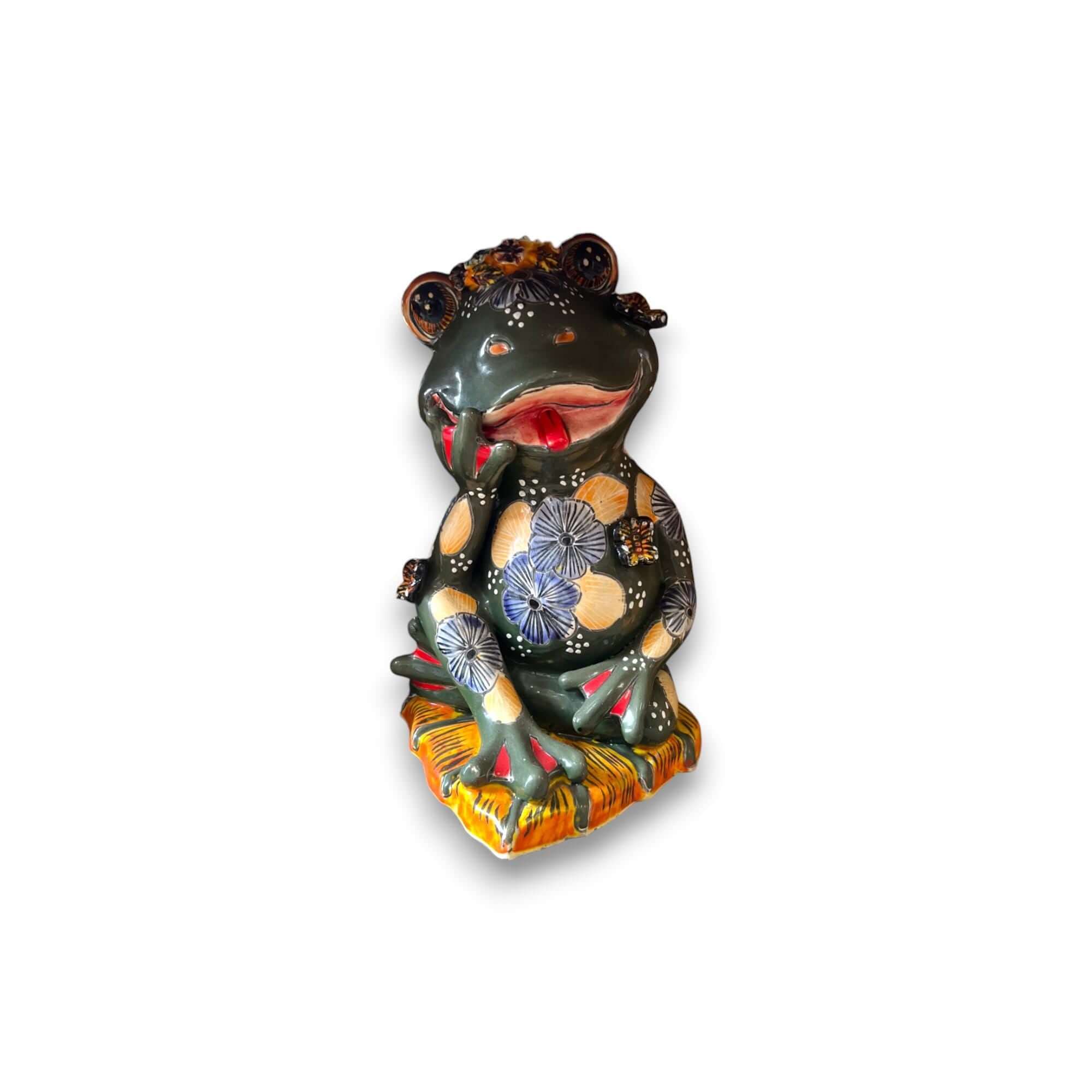 Estatua de Rana Talavera Pintada a Mano | Decoración Mexicana de Animales de Cerámica