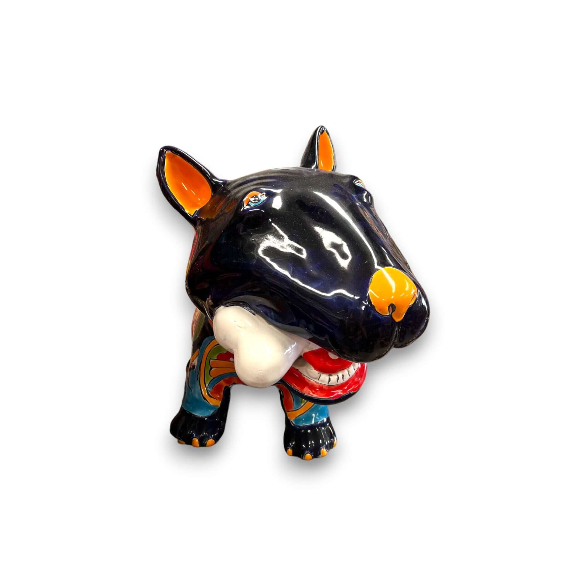 Decoración de Talavera Bull Terrier | Perro de cerámica pintado a mano con hueso (Extragrande)