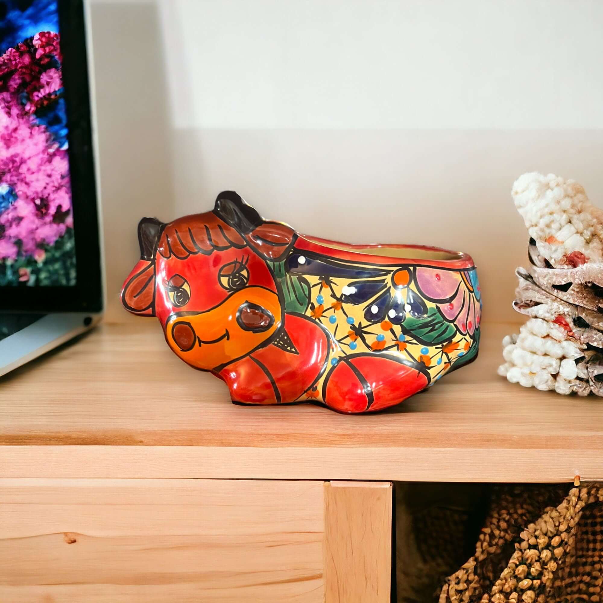 Maceta de vaca Talavera | Maceta de cerámica mexicana pintada a mano con forma de animal
